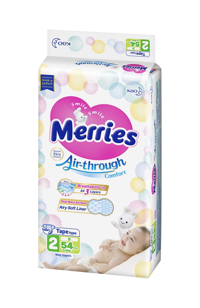 Merries Gentle To Skin Baby Diaper, Small, Jumbo Pack - 54 Count حفاضات أطفال جنتل تو سكين من ميريز، مقاس صغير، عبوة كبيرة - 54 قطعة
