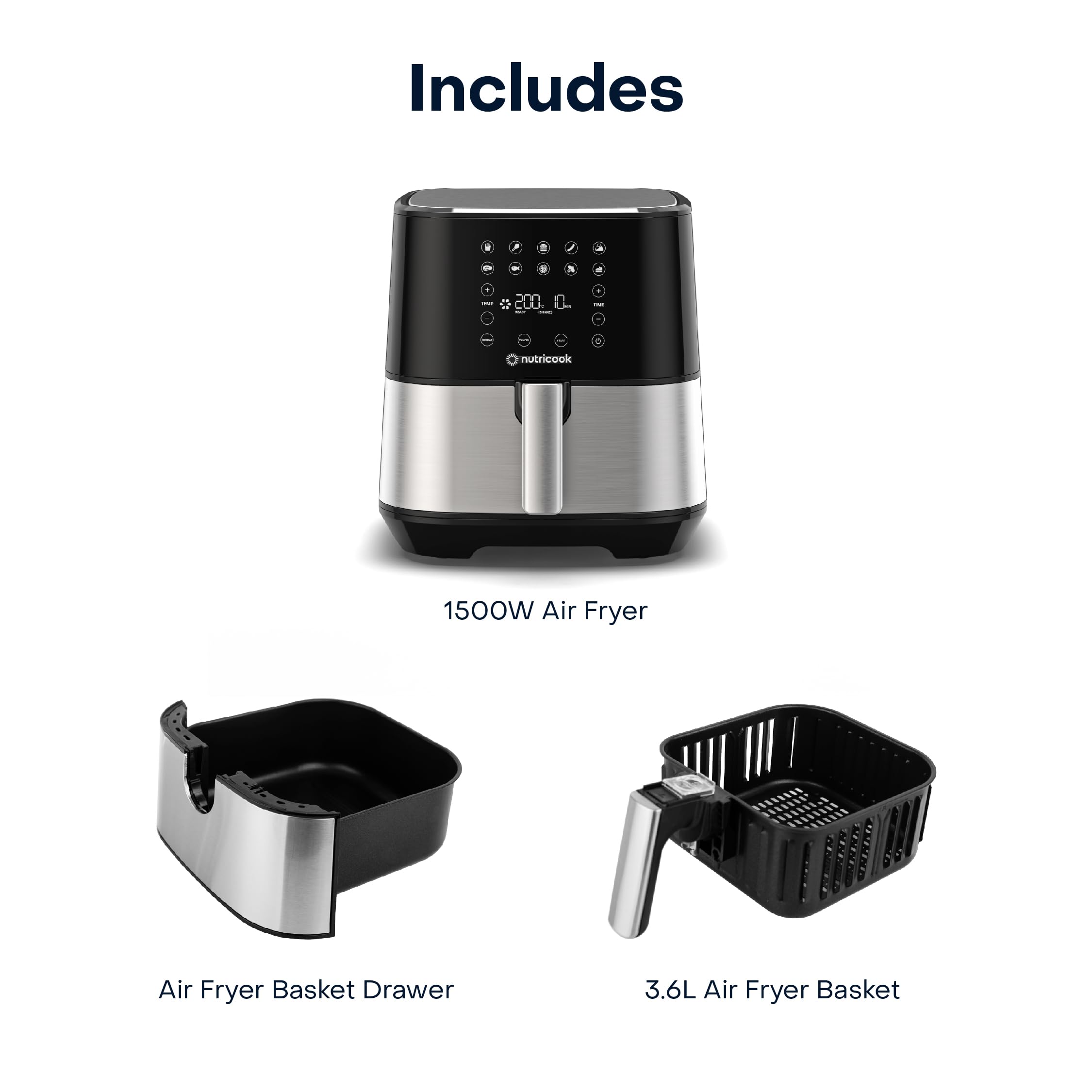 Nutricook Air Fryer 2,3.6 Liters, 1500 Watts, Digital 10 Pre-set Programs With Built-In Preheat Function, Stainless Steel/Black, 1 Years Warranty + CRED Quick Pull Chopper 650 ml, Amazon exclusive