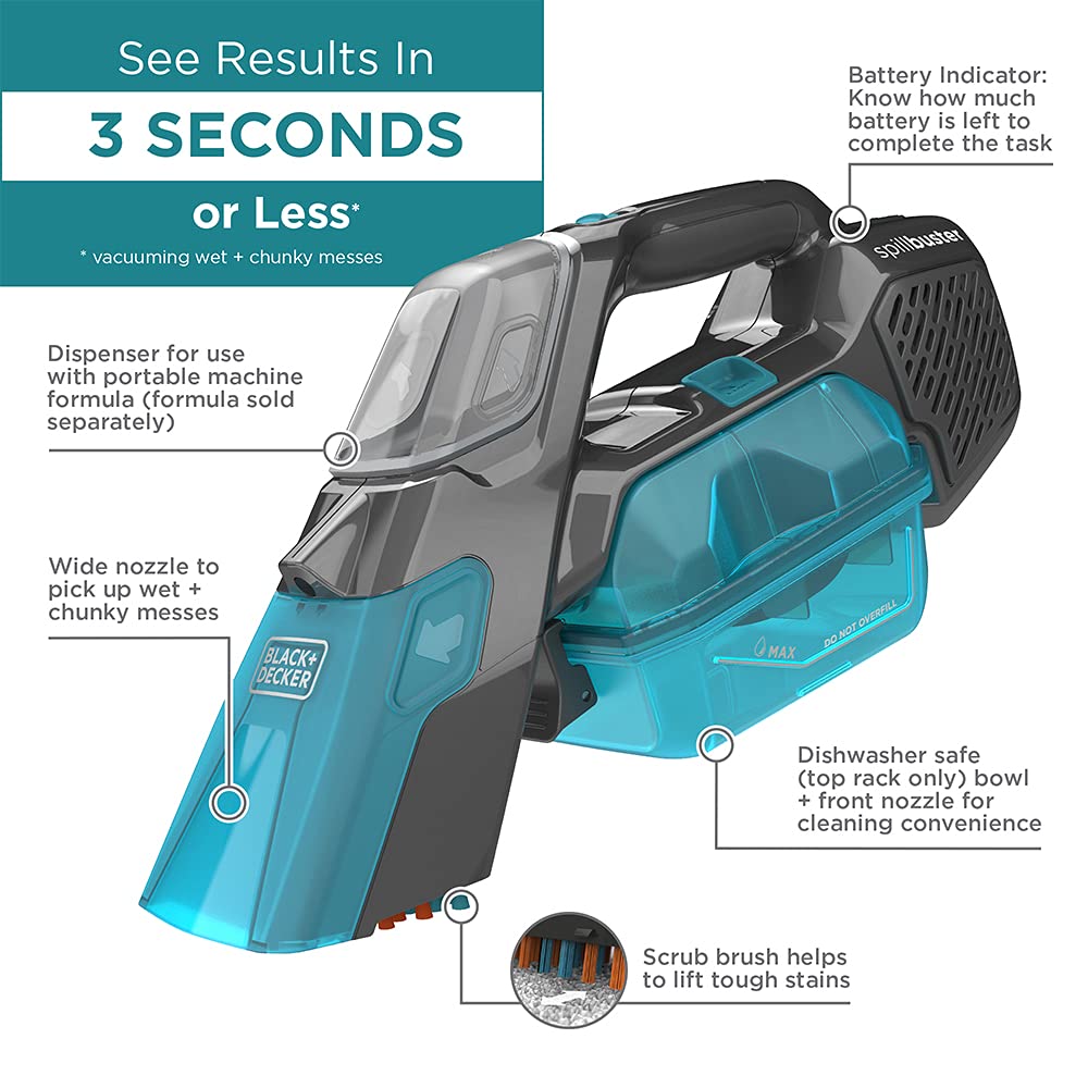 Black+Decker Cordless Spillbuster Portable Carpet Cleaner With Beater Bar For Solid & Liquid Mess منظف السجاد المحمول اللاسلكي من بلاك اند ديكر مع قضيب مضرب للأوساخ الصلبة والسائلة