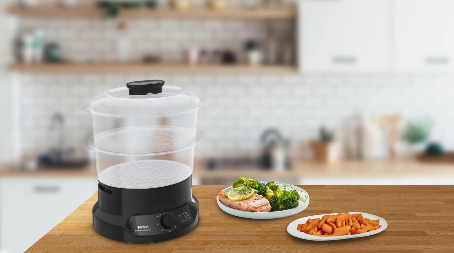 TEFAL STEAM COOKER BLACK , 1 year warranty طباخ بخار ميني كومباكت من تيفال، سعة 800 واط، 2 وعاء، وعاء للارز، اسود