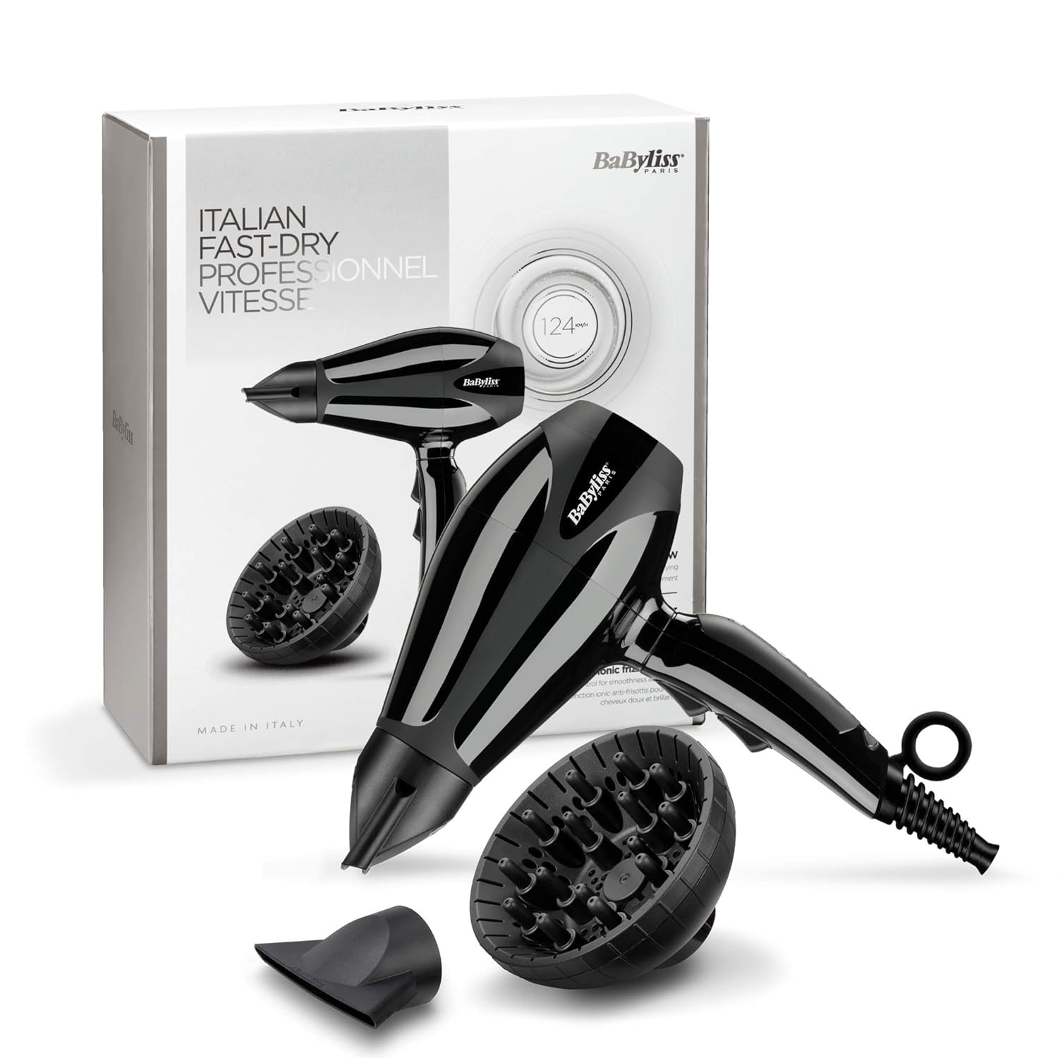 BaByliss Compact Pro 2400 Hair Dryer AC, Italian Made For Quality & Long-lasting Performance, Ultra-slim Nozzle With Ionic Frizz Control Technology, Portable Dryer With Diffuser, 6715DSDE (Black)