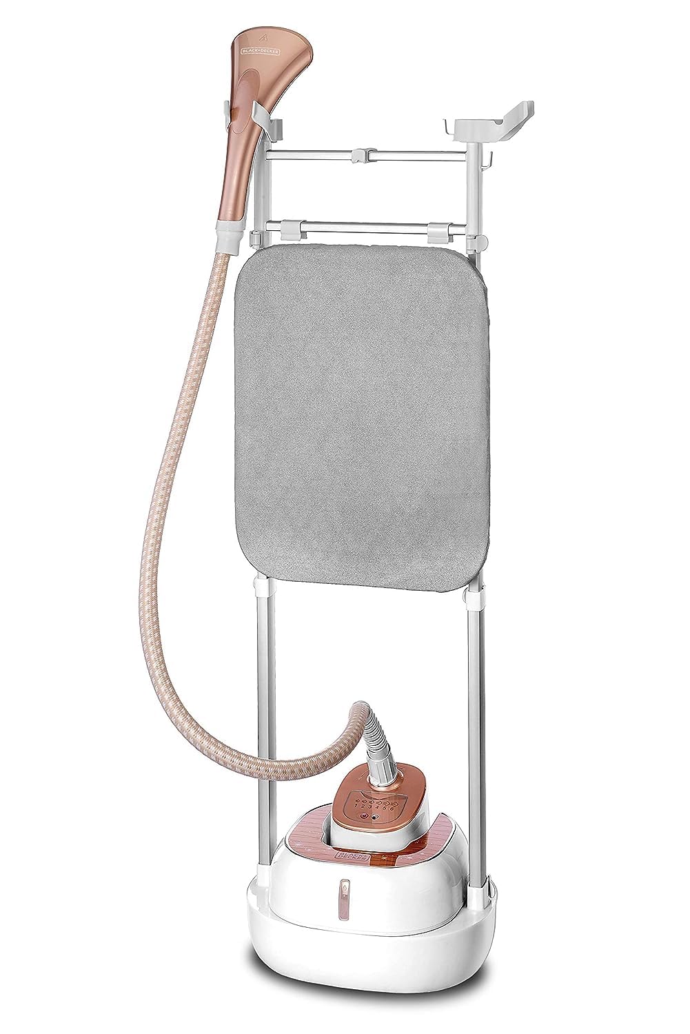 Black & Decker 2000W 2L Digital Garment Steamer 40gm/min Steam, With Detachable Board, Adjustable Poles Rotary Wheels+Multiple   بلاك+ديكر مكواة بخار رقمية 2000 واط، ابيض/ذهبي