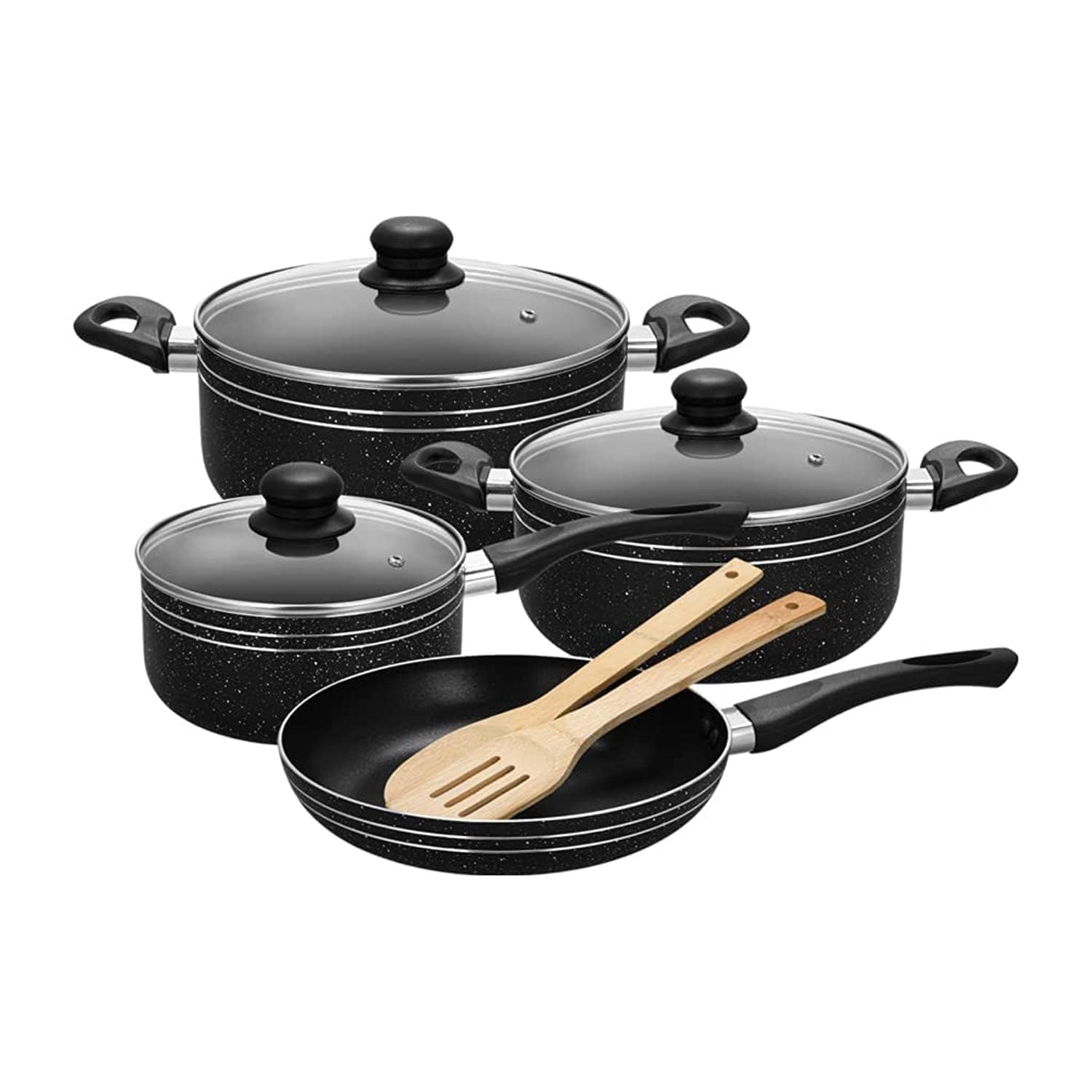 Royalford Ritz 9-Piece Non-Stick Cookware Set- RF11759 Aluminum Body With 3-Layer Construction, CD Bottom, Bakelite Handles And Glass Lid Black