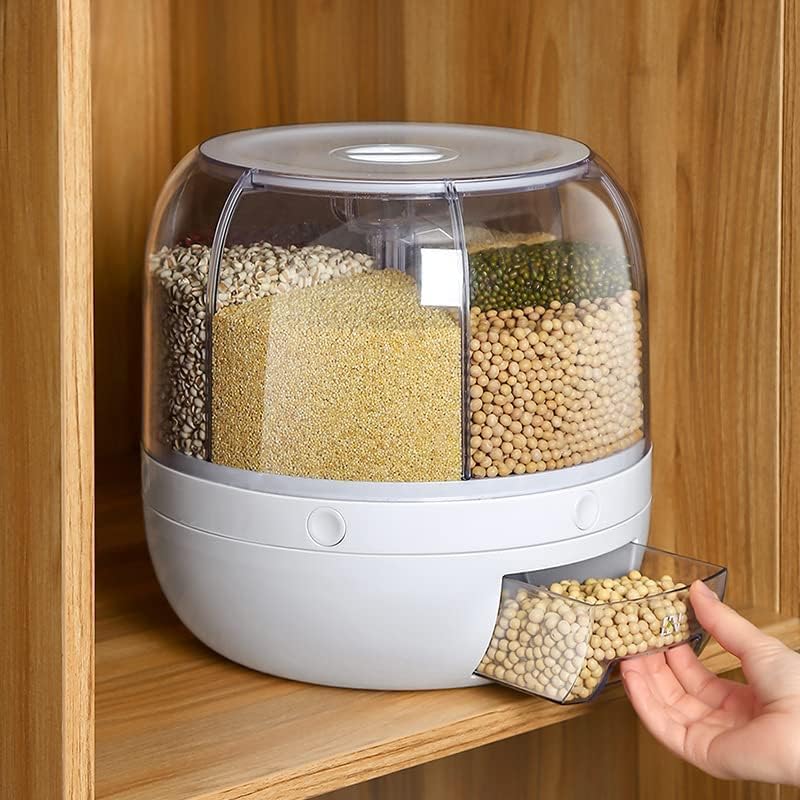 6 Grid Food Storage Dispenser Rice & Grain Storage Container 360° Rotating Rice Storage Bucket One-Click Round Rice Output for Grains for Grains, Snacks, Dog Food, Coffee Beans