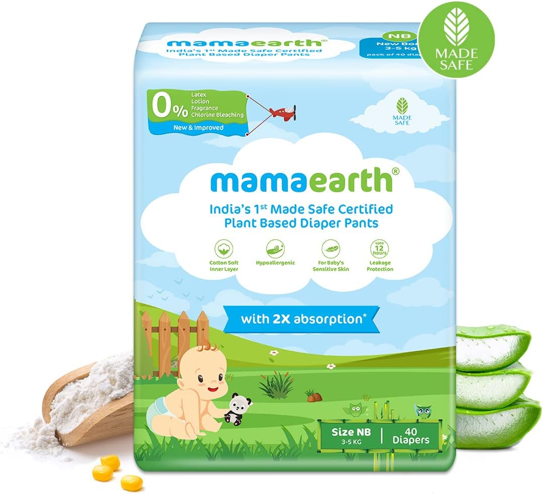 MAMAEARTH Plant-Based Diaper Pants, New-Born, 3-5 kg, Piece of 40 ماما ايرث حفاضات من مواد نباتية، لحديثي الولادة، 3-5 كغم، 40 قطعة