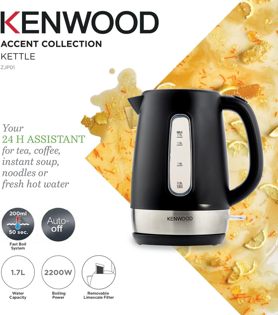 Kenwood Kettle 1.7L Cordless Electric Kettle 2200W with Auto Shut-Off & Removable Mesh Filter ZJP01.A0BK Black/Silver