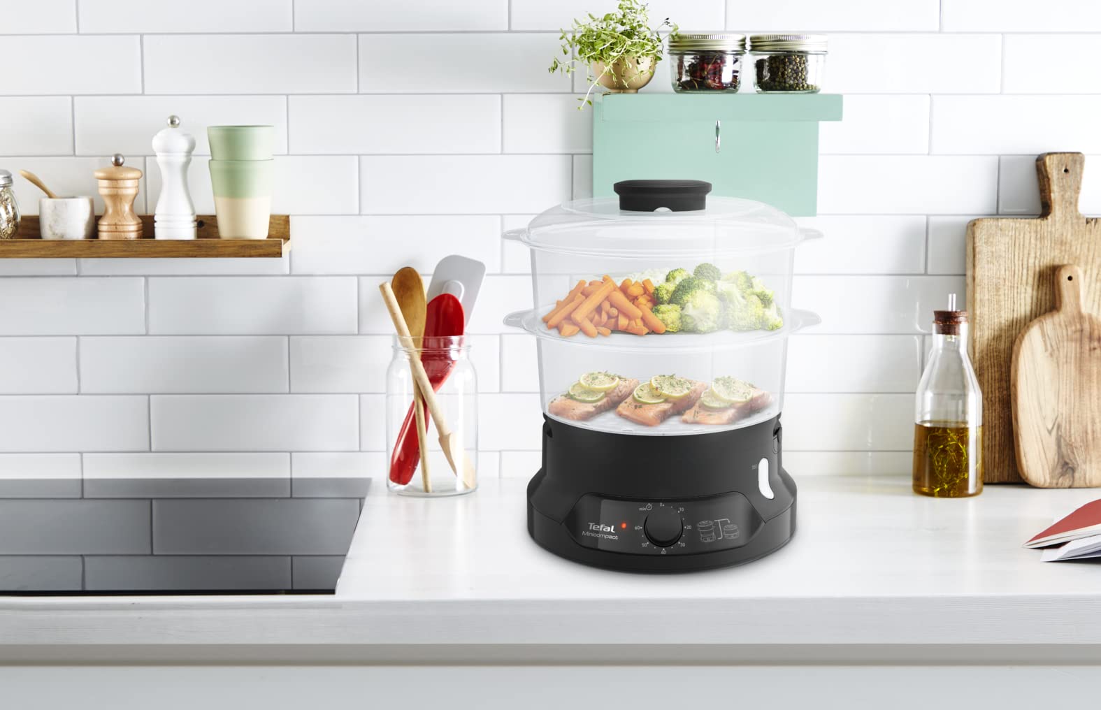 TEFAL STEAM COOKER BLACK , 1 year warranty طباخ بخار ميني كومباكت من تيفال، سعة 800 واط، 2 وعاء، وعاء للارز، اسود