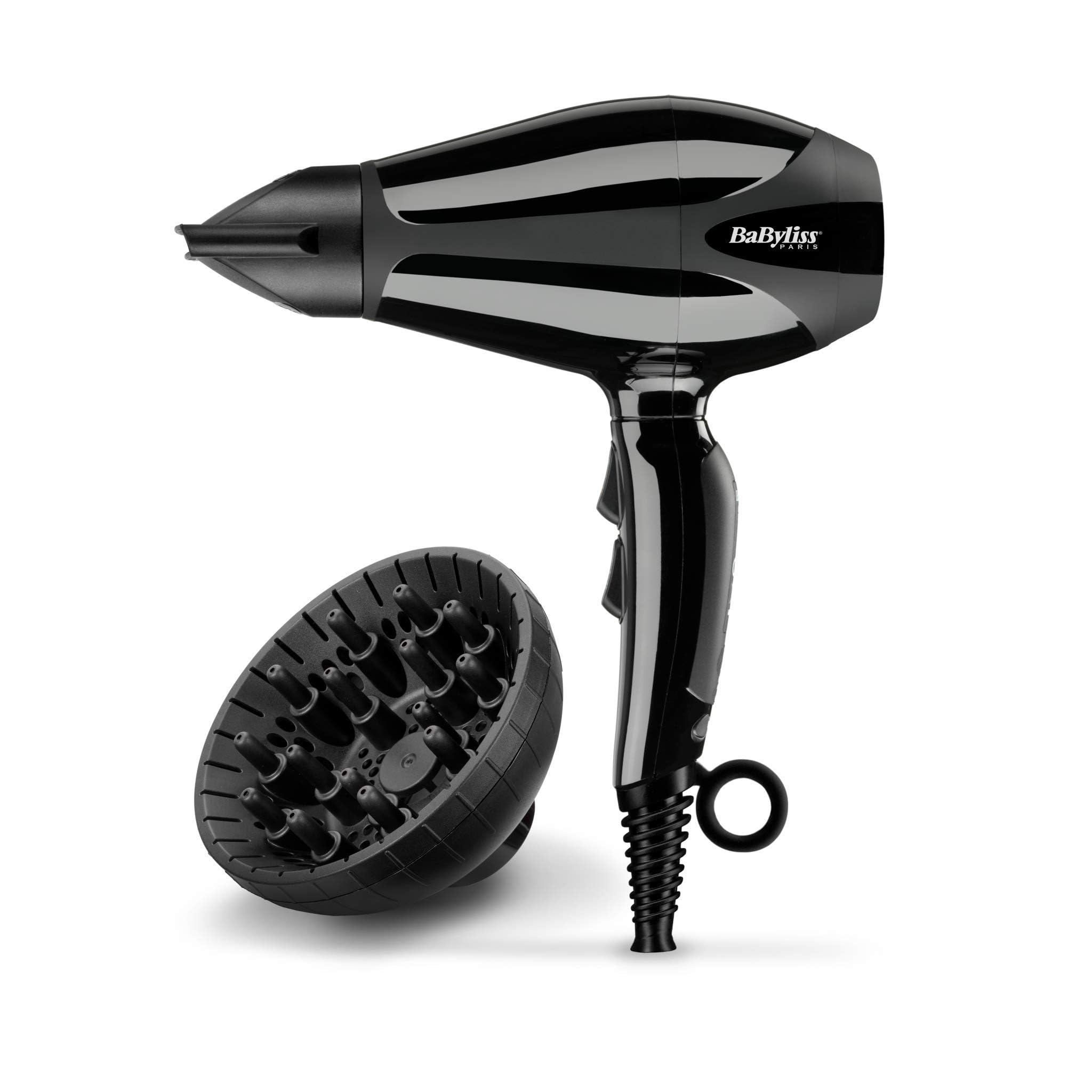 BaByliss Compact Pro 2400 Hair Dryer AC, Italian Made For Quality & Long-lasting Performance, Ultra-slim Nozzle With Ionic Frizz Control Technology, Portable Dryer With Diffuser, 6715DSDE (Black)