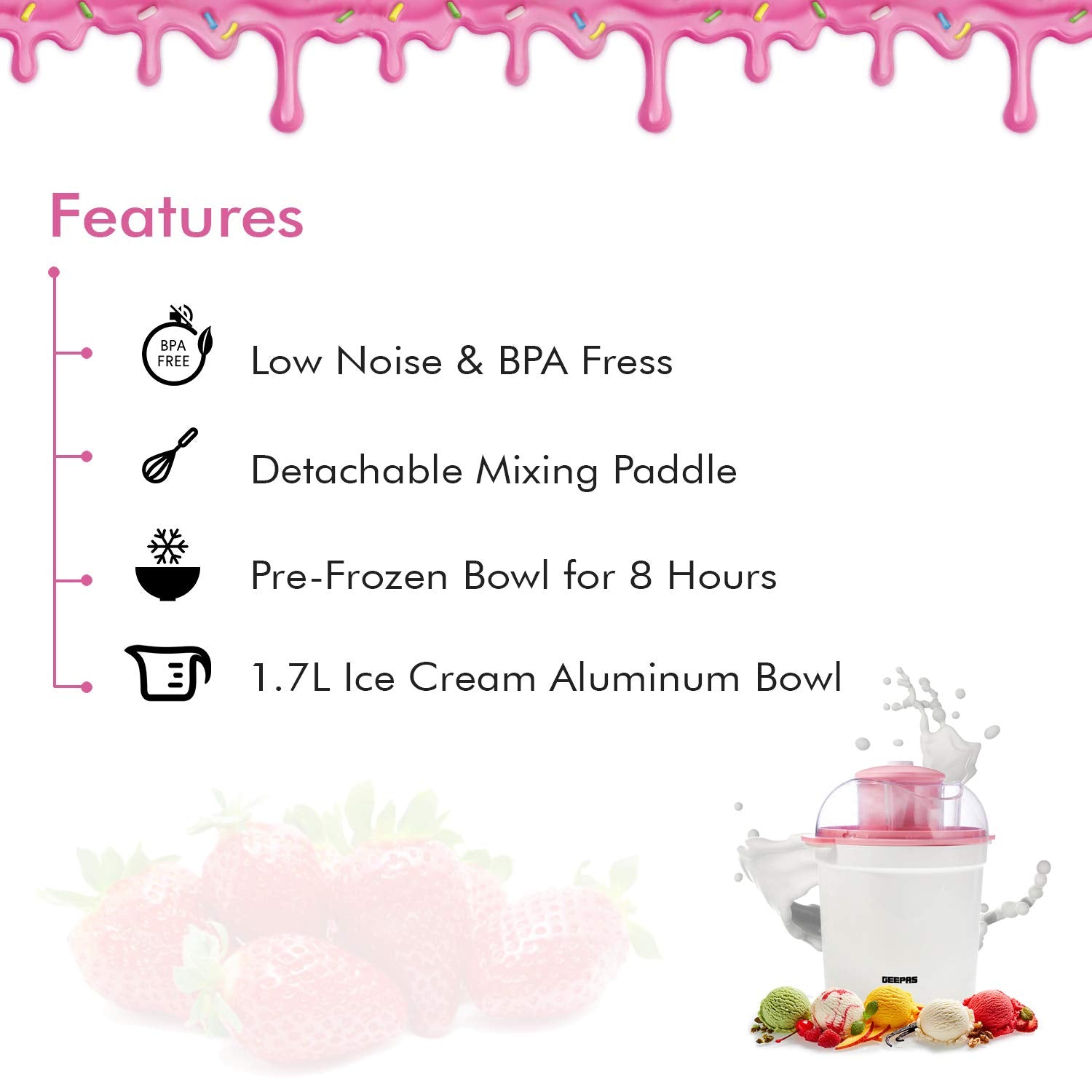Geepas Ice Cream Maker Machine Makes Delicious Homemade Soft Ice Cream, Gelato, Frozen Yoghurt & Sorbet |1.7L Aluminum Removable Inner Bowl | Detachable Mixing Paddle | 1 Year Warranty