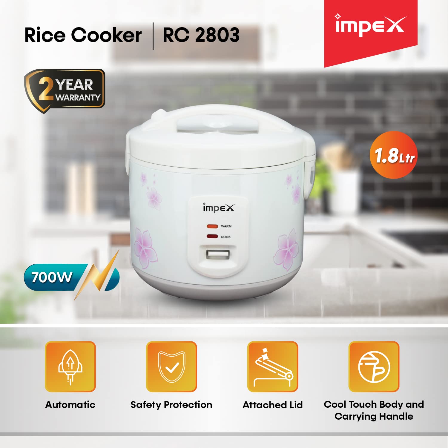 Impex RC 2803 700W 1.8 Litre Automatic Electric Rice Cooker with Aluminium Inner pot Safety Protection heating Coil