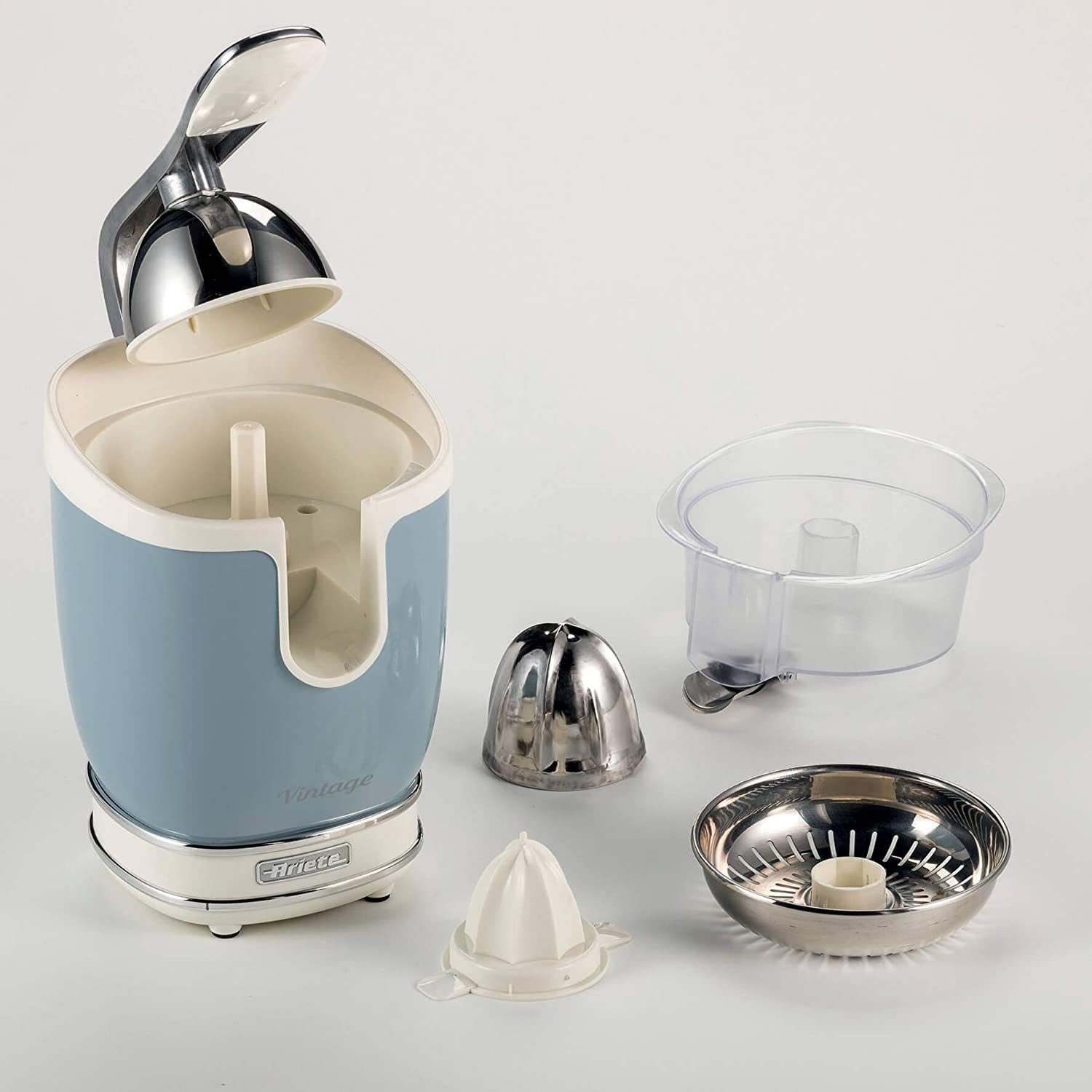 Ariete Vintage Electric Citrus Juicer 600ml, 85W, with Pressure Lever Metal body, 2 Cone Sizes, Non Drip Spout, Silent Motor, for Orange عصارة حمضيات من اريتي بلون ازرق كفالة لعام واحد