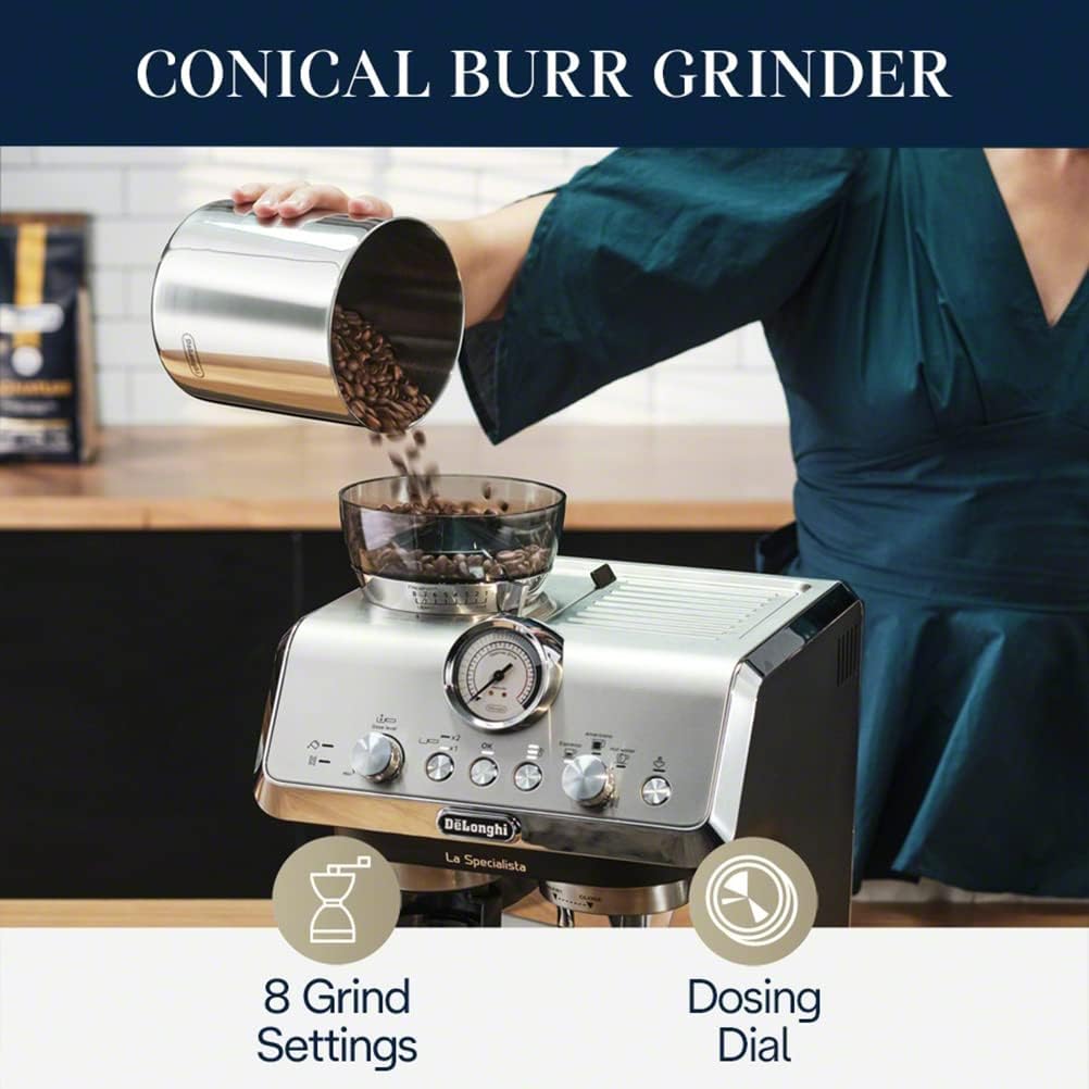 De'Longhi LA SPECIALISTA ARTE Barista Pump Espresso Coffee Machine with Burr Grinder, Temperature Control & Professional Latte Art Wand, Hot Water Spout for Americano & Tea, Steel/Black, EC9155.MB
