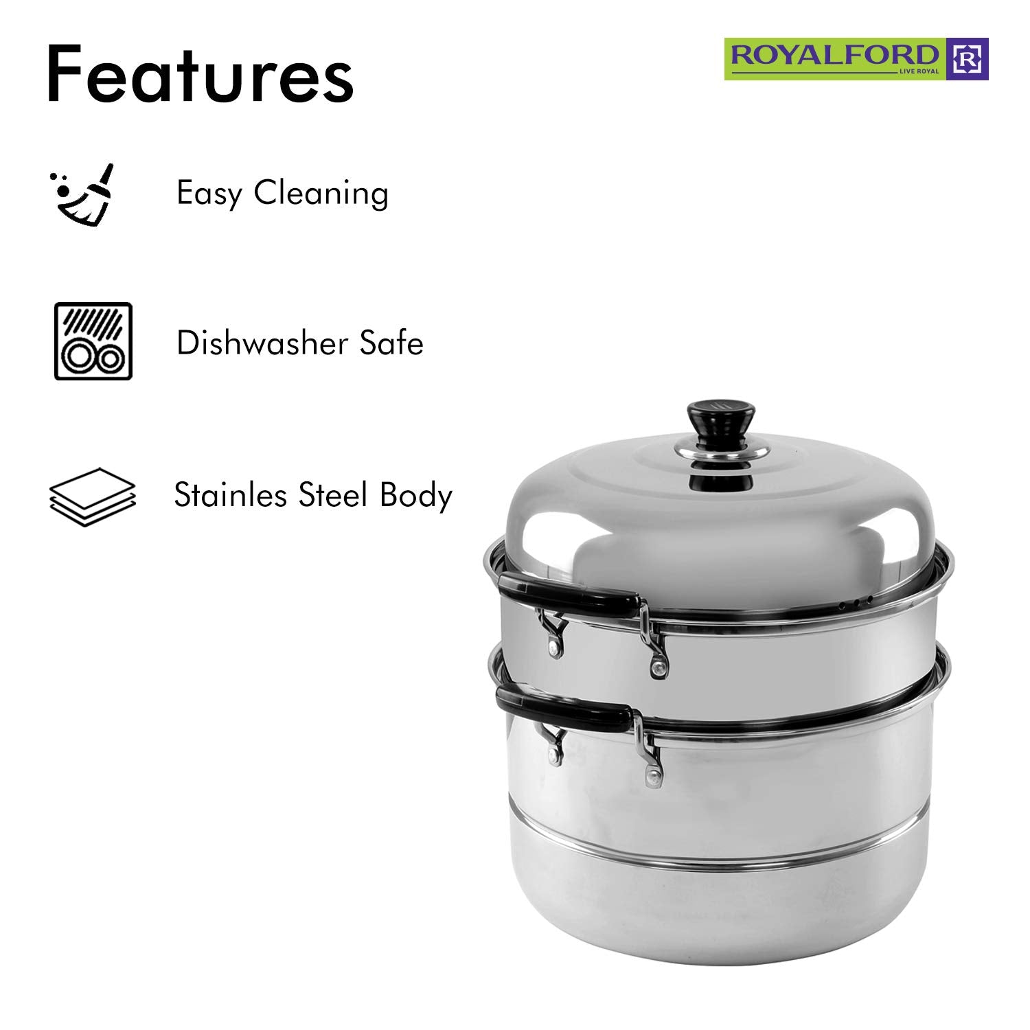 Royalford Induction-Safe Stainless Steel Large 3-Tier Food Steamer Pot with Lid| Double Layer Multi Food Cook Stock Pot - Cool Touch Handles - Stylish Design, Easy Food Release & Clean-Up - 9L