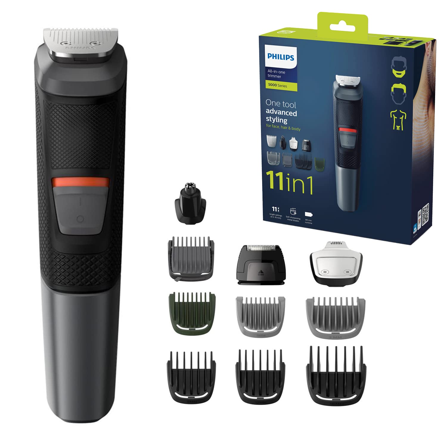 Philips 11-In-1 All-In-One Trimmer, Series 5000 Grooming Kit For Beard, Hair & Body With 11 Attachments, , Mg573033, Blackred