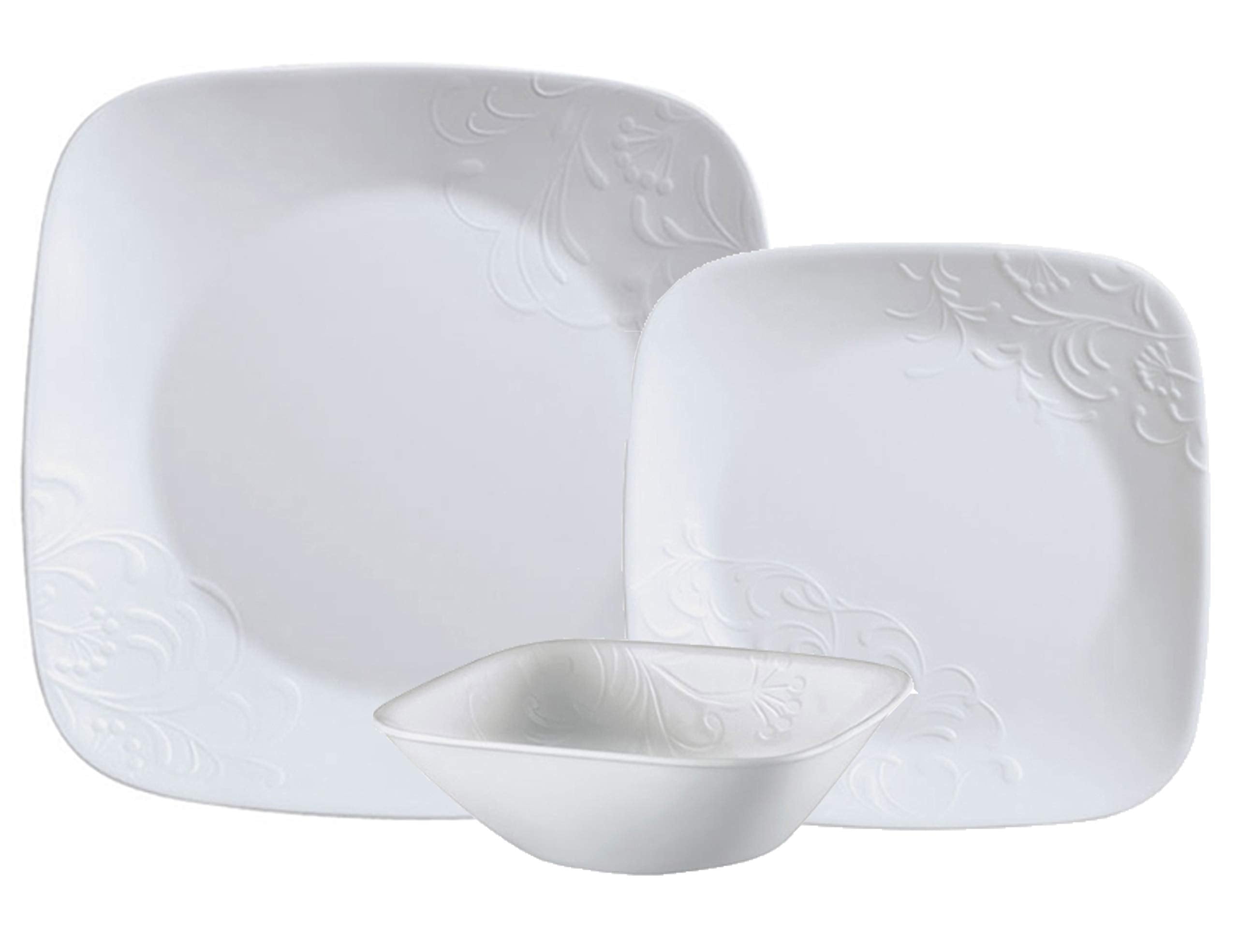 Corelle 3271Aa 18 Pieces Vitrelle Cherish Embossed Dinnerware Set, White, H 28.4 X W 29.4 D 17.2 Cm