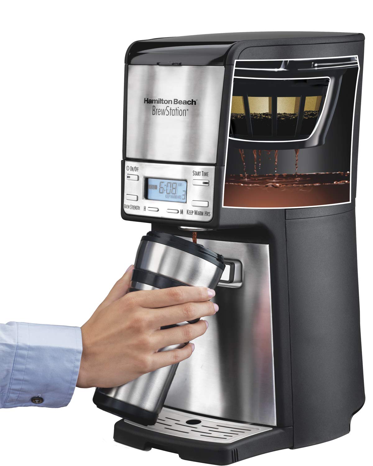 Hamilton Beach BrewStation 12 Cup Dispensing Coffee Maker, Gentle Keep Warm Preserves Flavor, Programmable, Auto Shutoff, Gold Tone Filter, 110V 60 Hz USA Plug, Stainless Steel (48465)