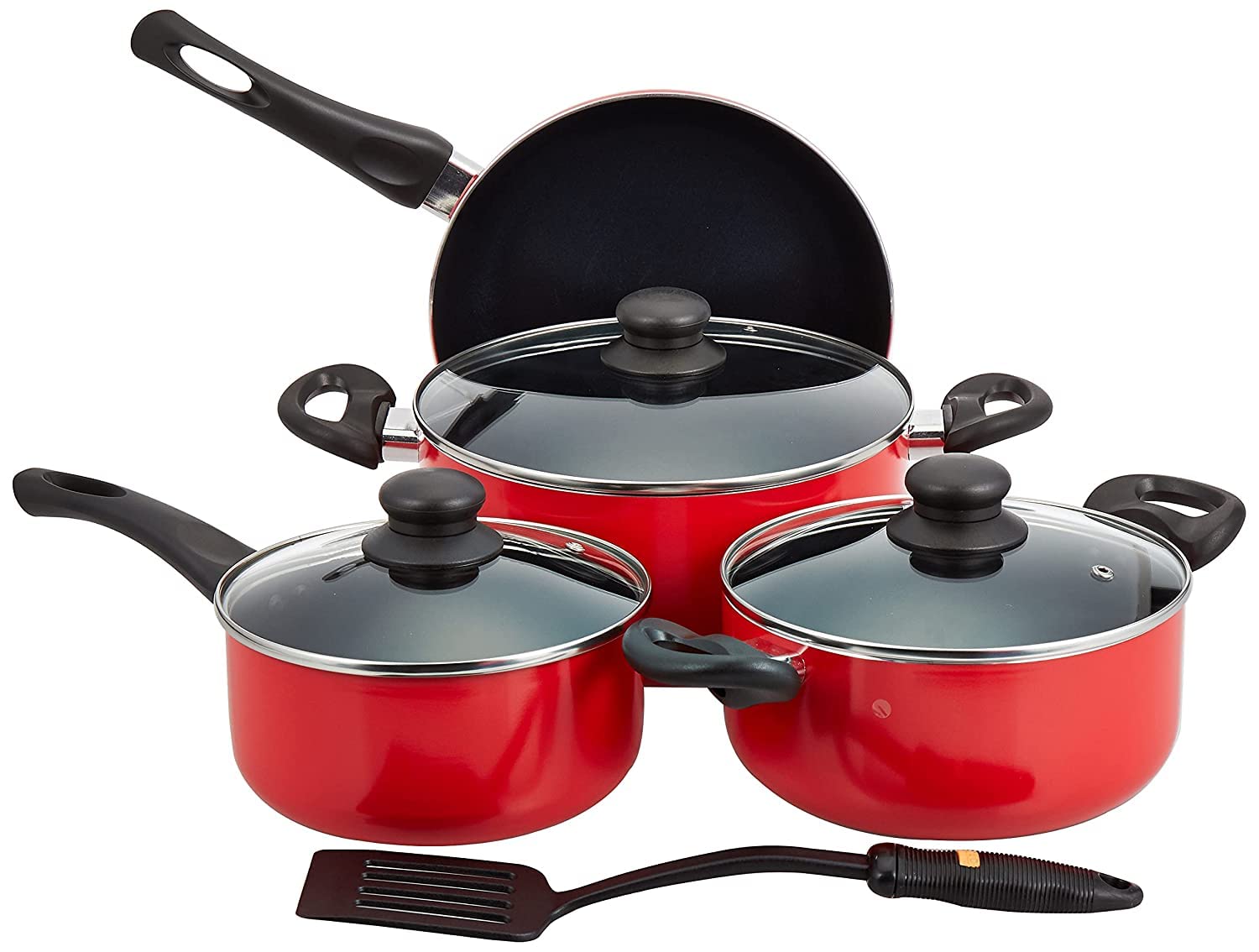 Royalford Cookware Set, 8 Pieces, Red, RF6082 Scratch Resistant, Tempered Glass Lids, 2.5MM Body Thickness, Bakelite Knobs, and CD Bottom