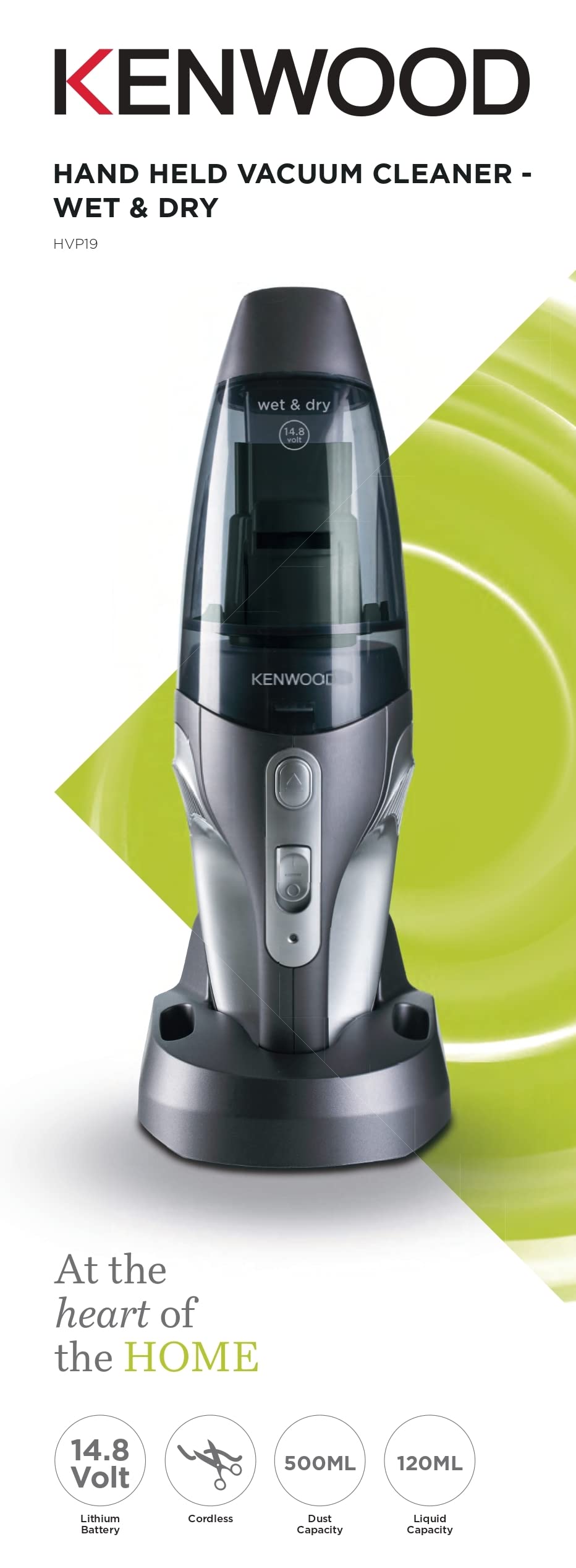 Kenwood Wet & Dry Cordless Handheld Vacuum Cleaner With 14.8V Lithium-Ion Battery, 500ml Dust Capacity  مكنسة كهربائية لاسلكية محمولة باليد لتشغيل رطب وجاف مع بطارية ليثيوم ايون بقدرة 14.8 فولت،