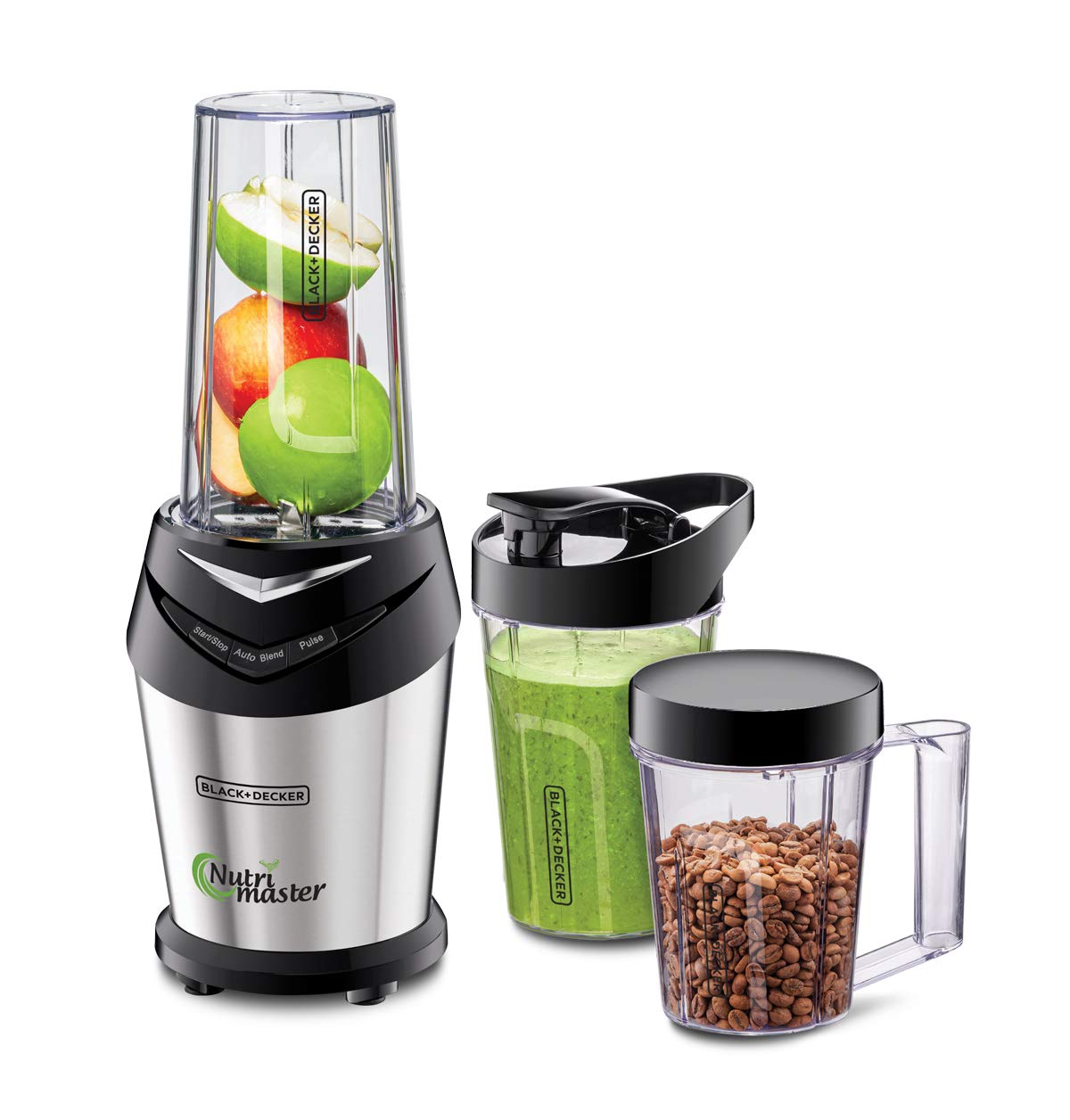 BLACK+DECKER 600W 700ml NutriMaster Blender/Smoothie Maker With 500ml and 300ml Travel Bottles Damage Box  خلاط وصانع السموثي نيتري ماستر من بلاك اند ديكر بقوة 600 واط، يتكون من 3 برطمانات مع اغطية، فضي/اسود مفتوح الكارتون