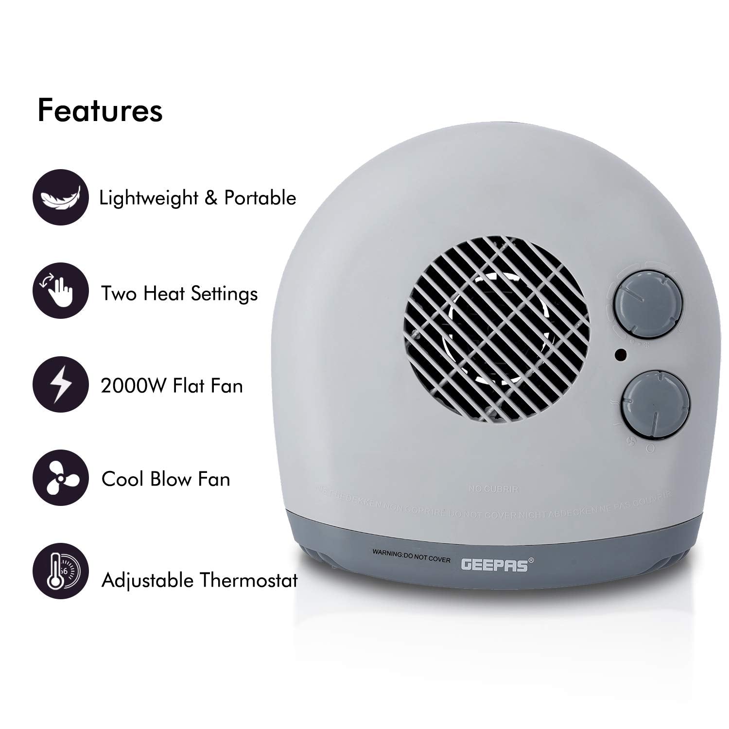 Geepas Portable Flat Fan Heater – Upright or Flatbed, Adjustable Thermostat with 2 Heat Settings 1000-2000W & Overheat Protection - Lightweight Heater with Cool, Warm & Hot Wind – 1 Years Warranty