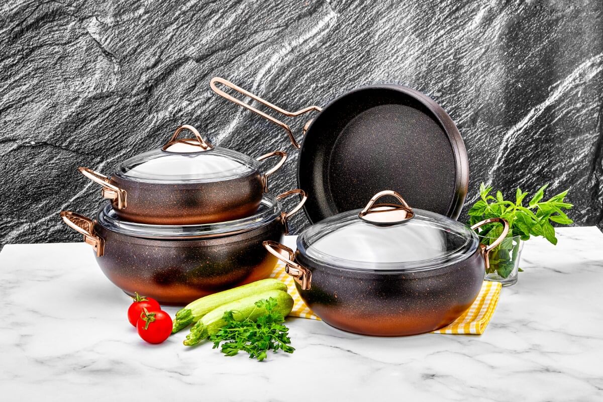 OZ LIFE, Cookware,  7PCS, Turkish Granite Set, , Color, Glass Lid,  طقم أواني جرانيت 7 قطع من ماركة اوز لايف صنع في تركيا عالي الجودة بغطاء زجاج