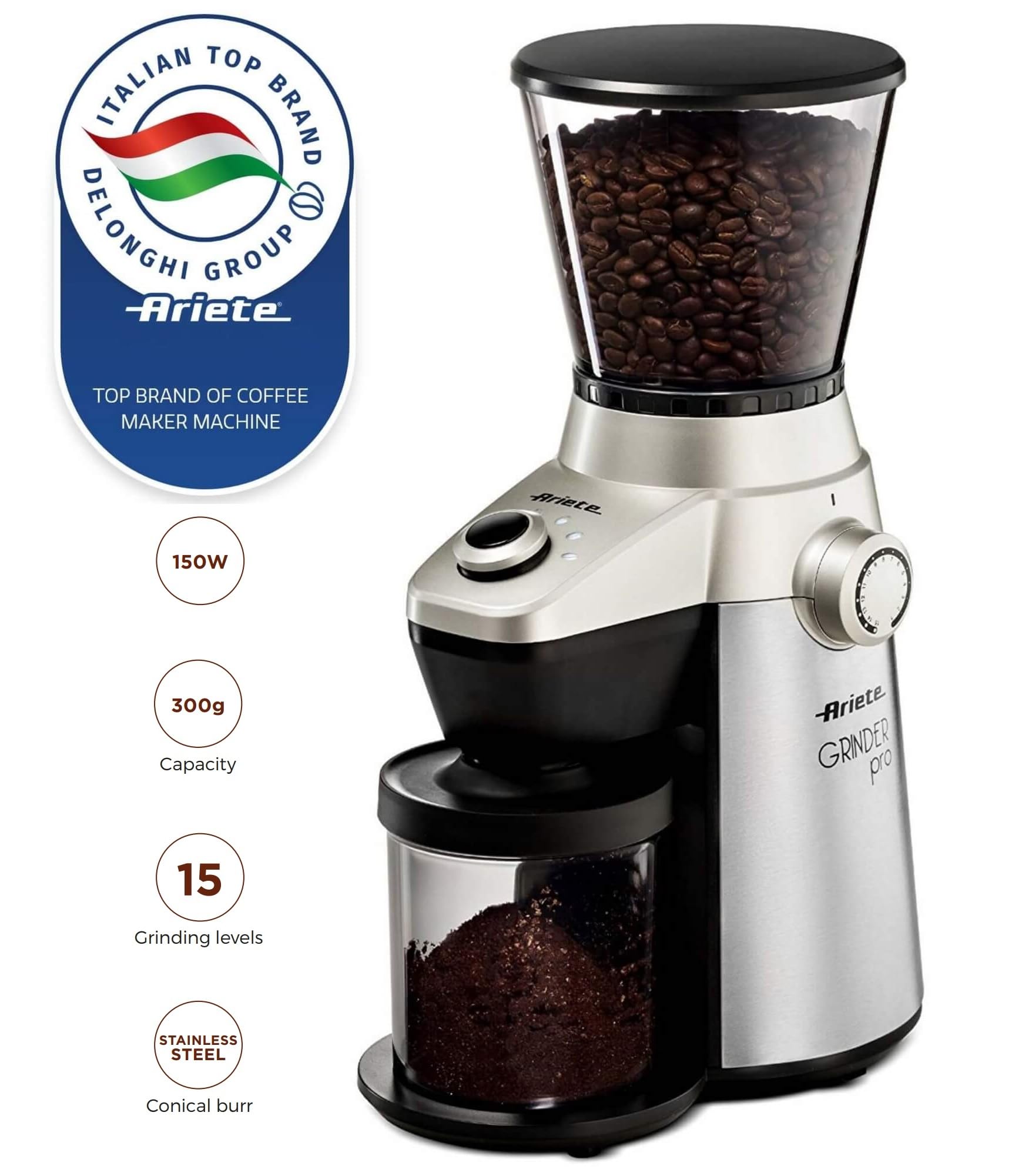 Ariete Electric Coffee Grinder Pro 150W 300gm Capacity, 15 Grinding Levels from Fine to Coarse, Perfect For Espresso, Drip, Pour Over and French Press Coffee, Heavy Duty Stainless Steel - ART3017