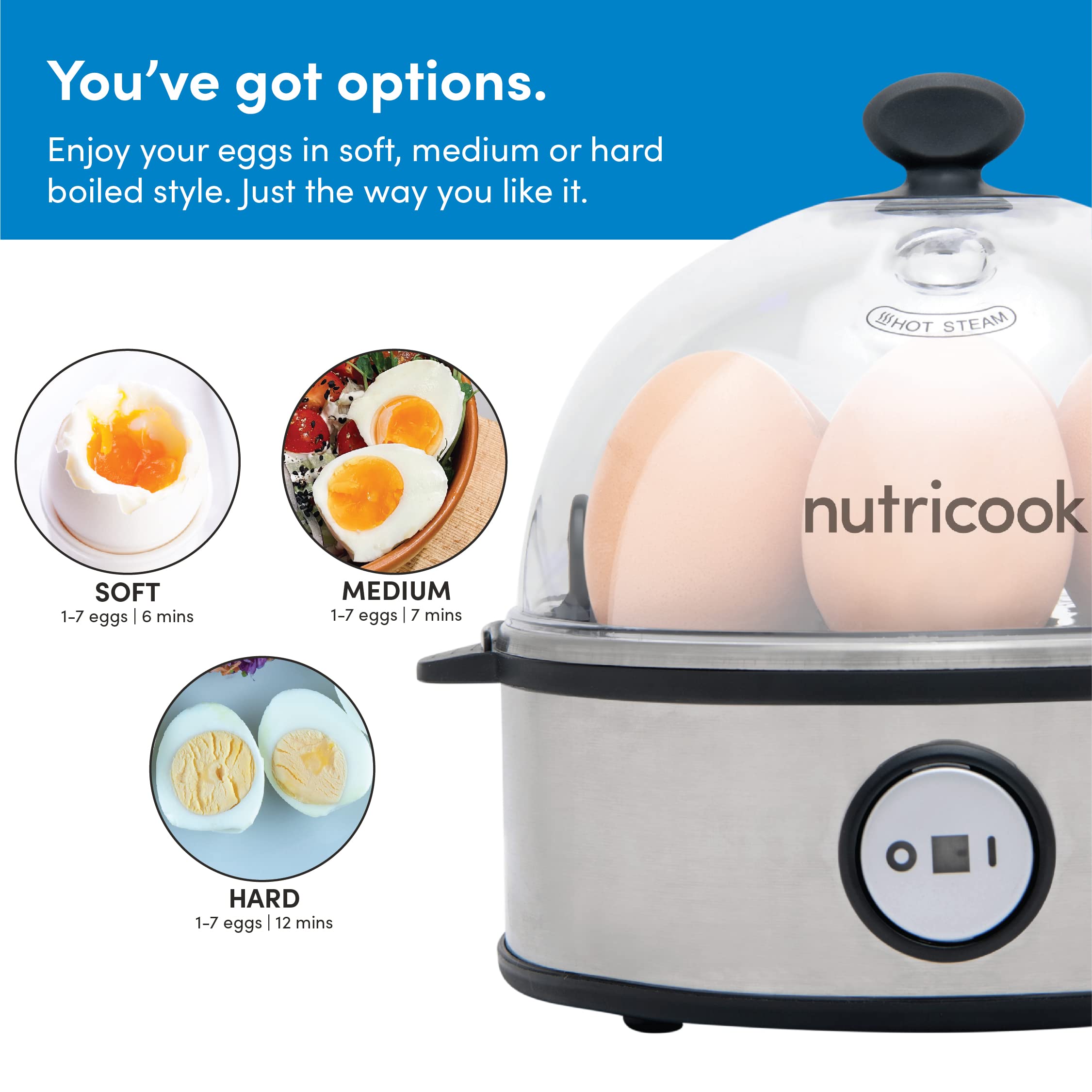 NutriCook Rapid Egg Cooker: 7 Egg Capacity Electric Egg Cooker for Boiled Eggs, Poached Eggs, Scrambled Eggs, or Omelettes with Auto Shut Off Feature - Silver