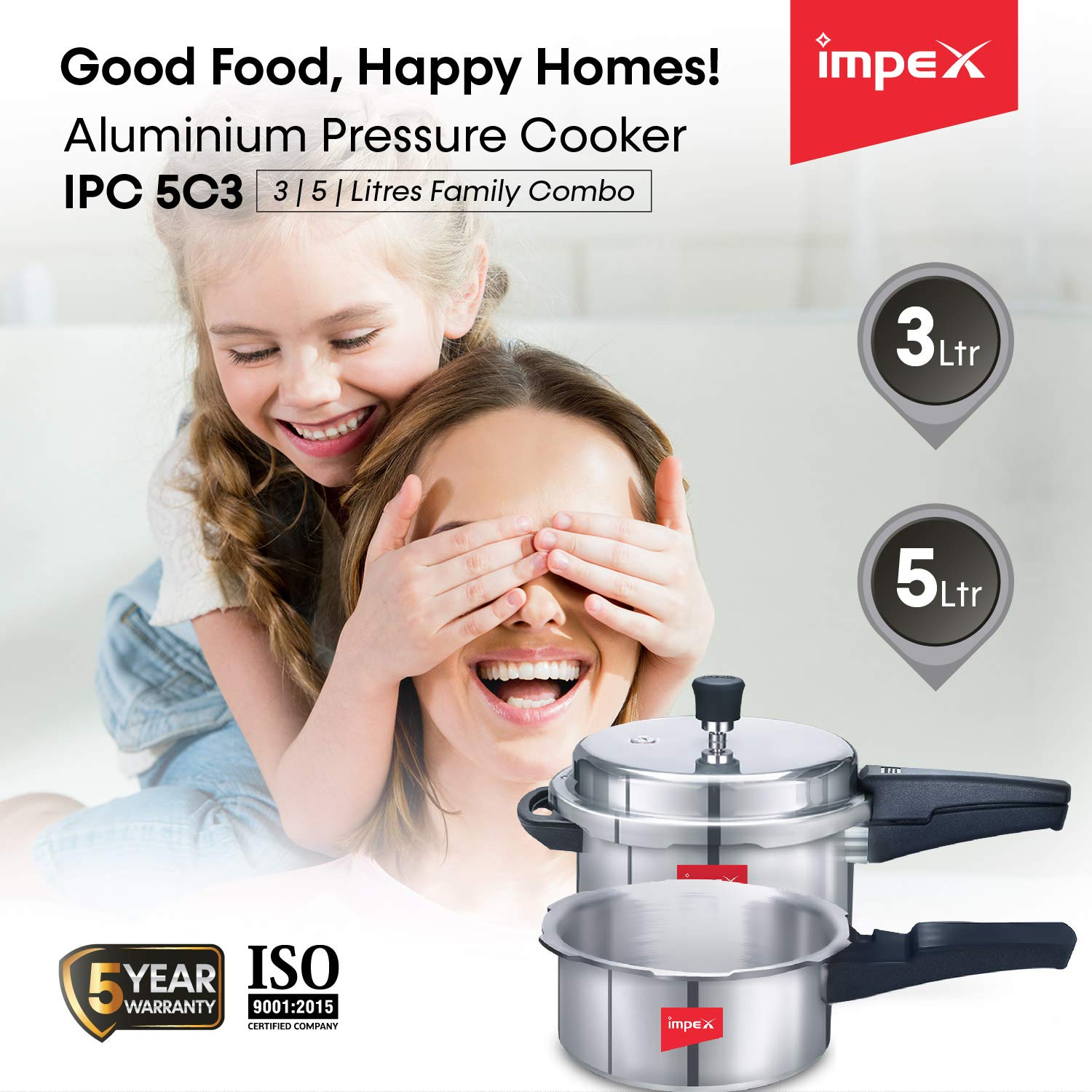 Impex Ipc 5C3 Induction Base Outer Lid Aluminium Pressure Cooker, 3 Litres, Silver