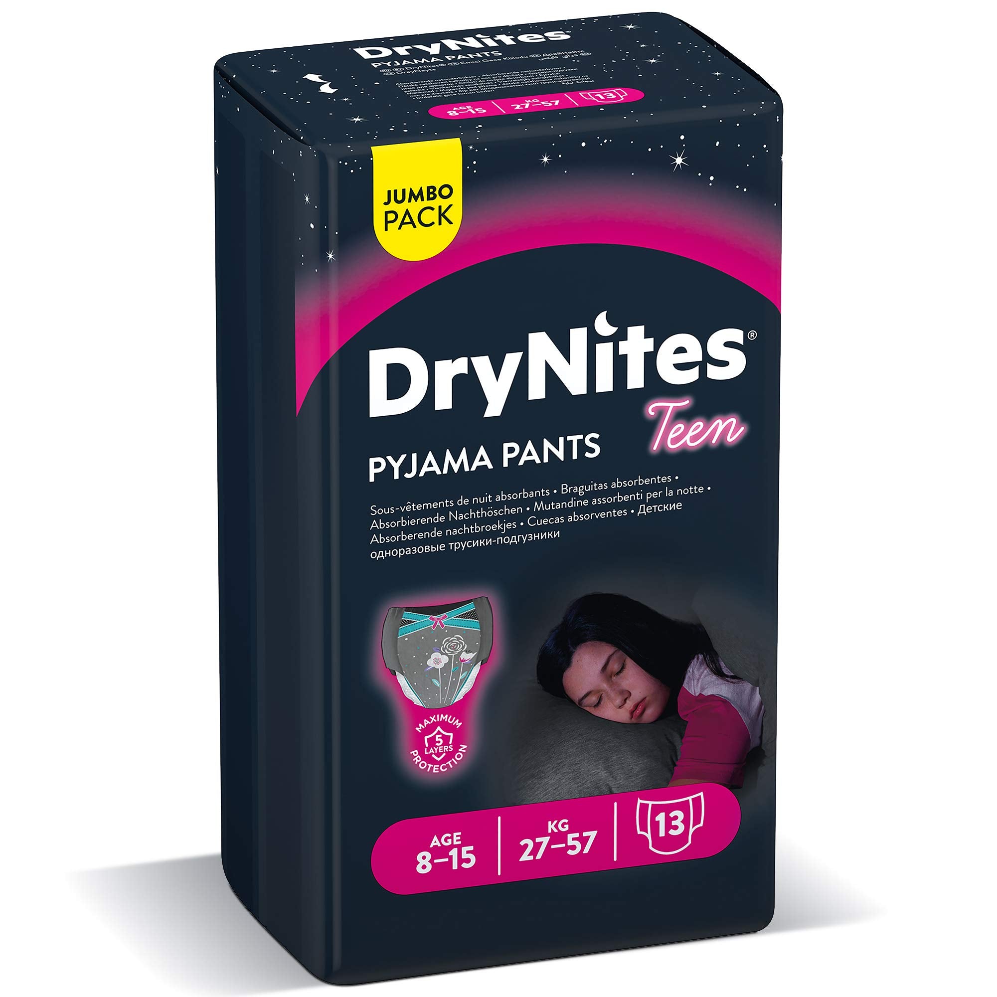 Drynites Pyjama Pants, Age 8-15 Y, Girl, 27-57 Kg, 13 Bed Wetting Pants دراي نايتس بنطلون بيجامة، لعمر 8-15 سنة، للبنات، 27-57 كغم، 13 سروال للترطيب في السرير