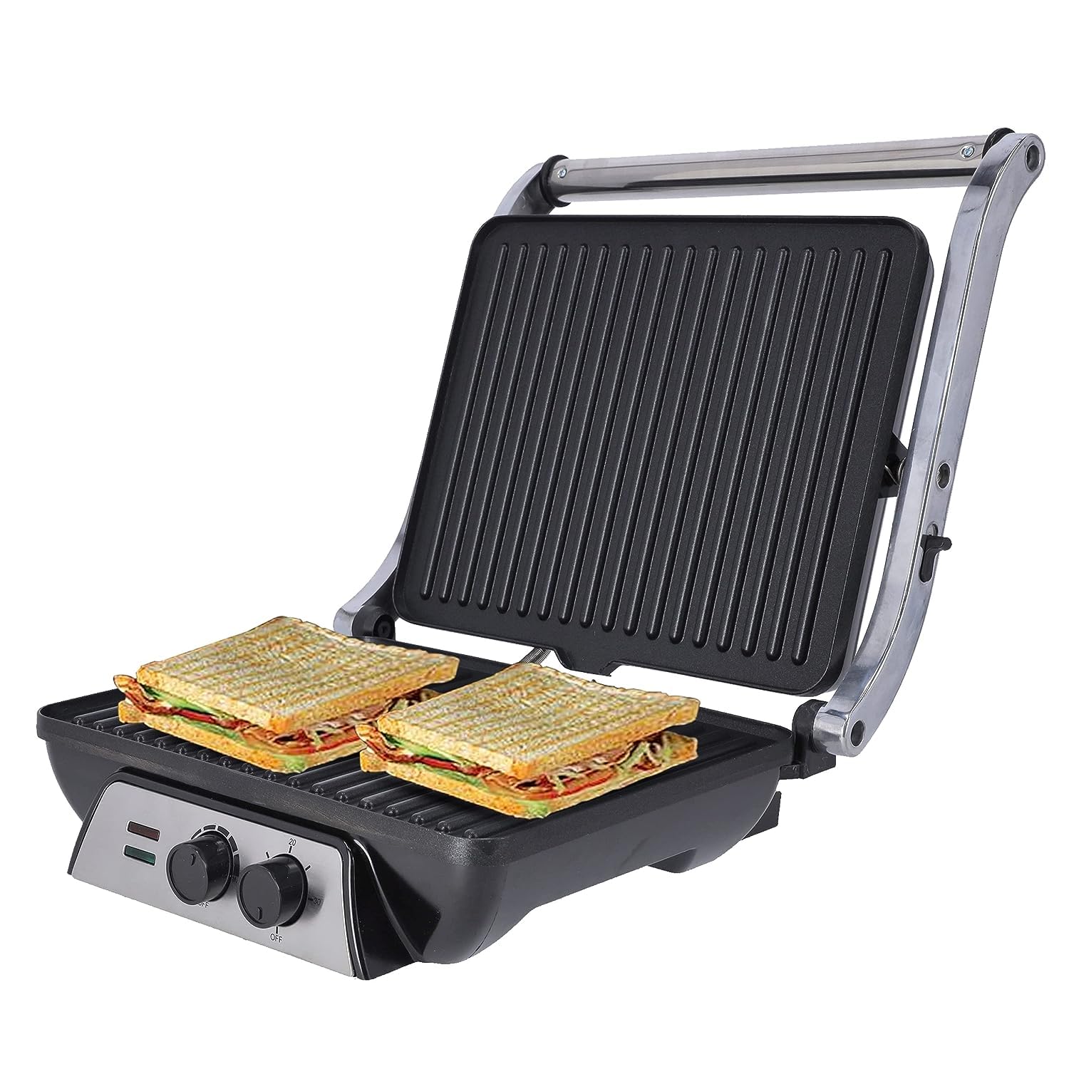 Olsenmark 2000W Super Jumbo Grill Sandwich Maker Opens 180 Degrees With Cool Touch Handle Adjustable Temperature & Timer With Indicator Light 2 Year Warranty, Multi Color, Omgm2441