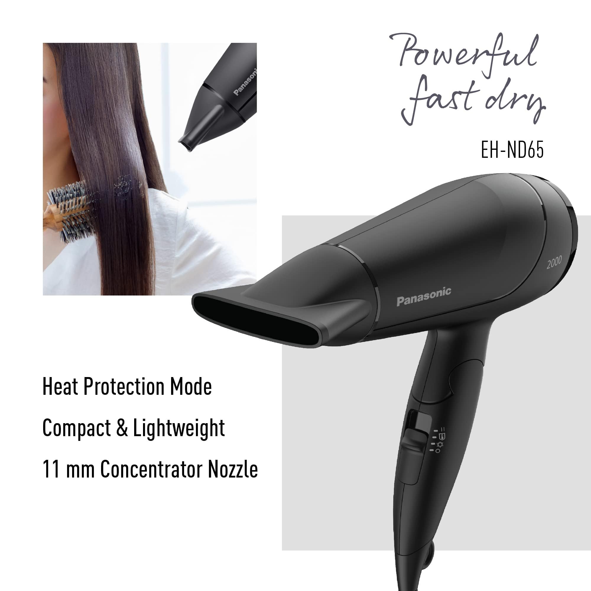 Panasonic 2000W Compact Powerful Hair Dryer with 11mm concentrator nozzle for Fast Drying & Smooth Finish (OPEN-BOX)
