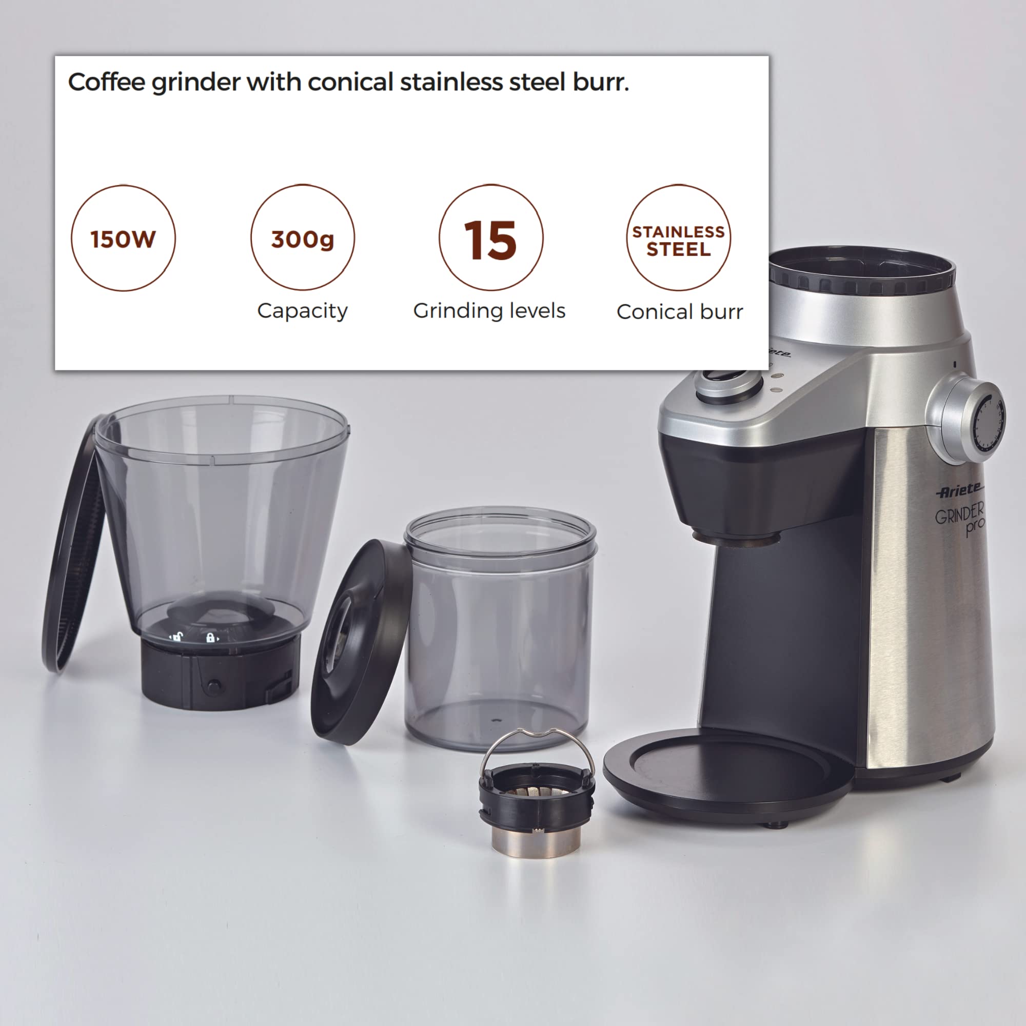 Ariete Electric Coffee Grinder Pro 150W 300gm Capacity, 15 Grinding Levels from Fine to Coarse, Perfect For Espresso, Drip, Pour Over and French Press Coffee, Heavy Duty Stainless Steel - ART3017