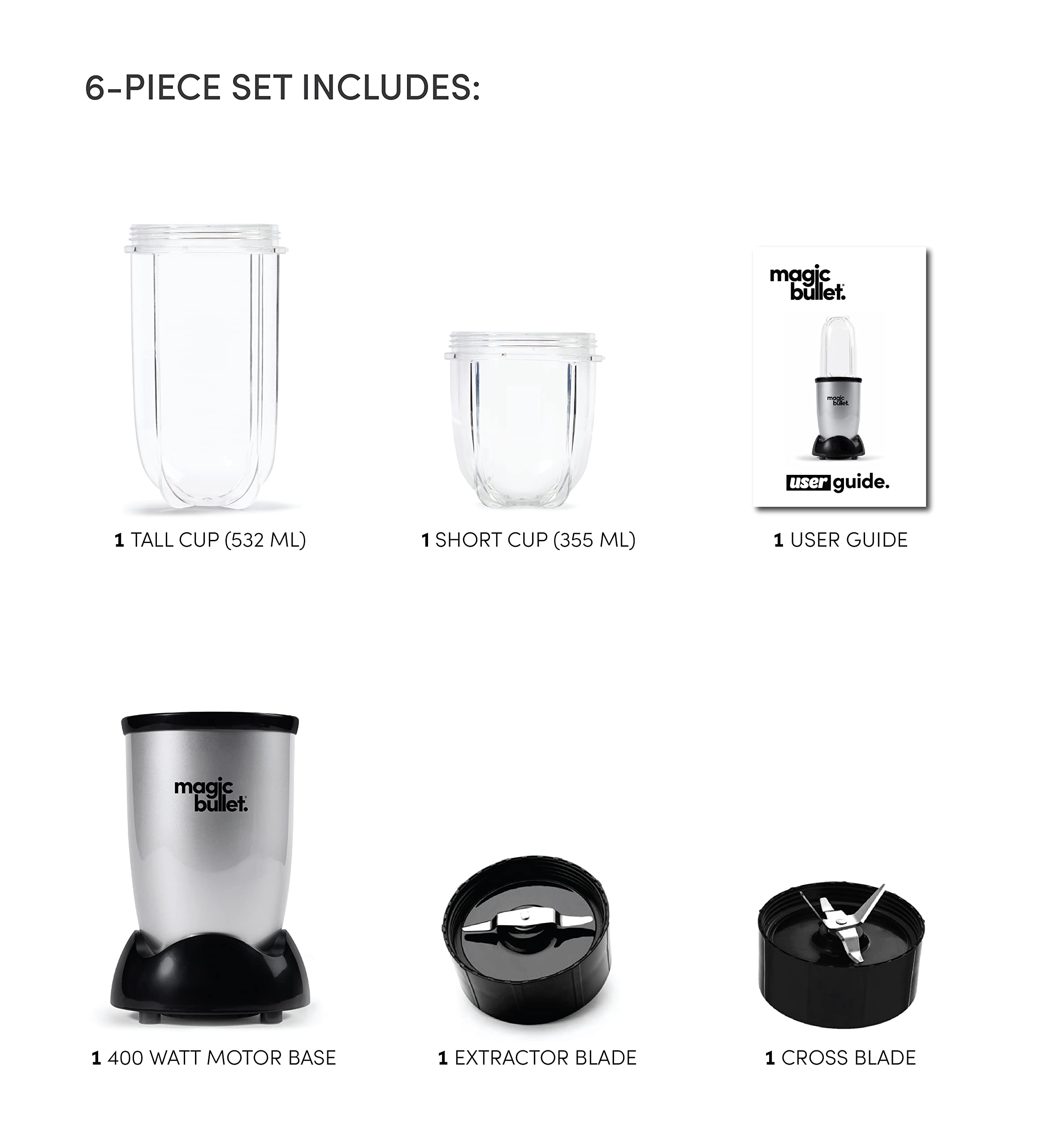 Magic Bullet, 4 Piece Accessories, Multi-Function High-Speed Blender, Silver, MB1002