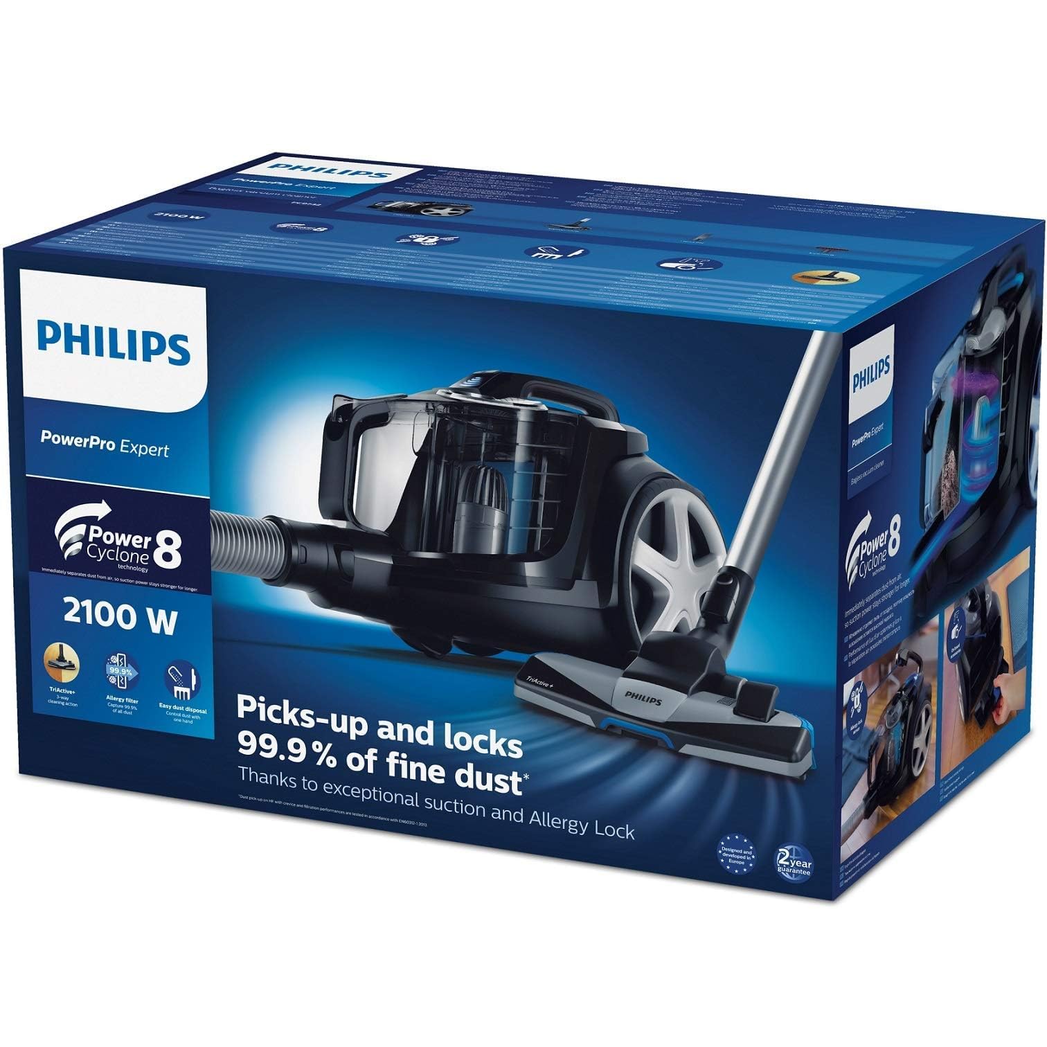 Philips Powerpro Expert Bagless, Deep Black Fc9732/61: 2100W, 420W Suction Power, Powercyclone 8, 2L Dust Capacity, Allergy Filter, Triactive+ Nozzle, Crevice Tool, Active Lock,2 Years Warranty