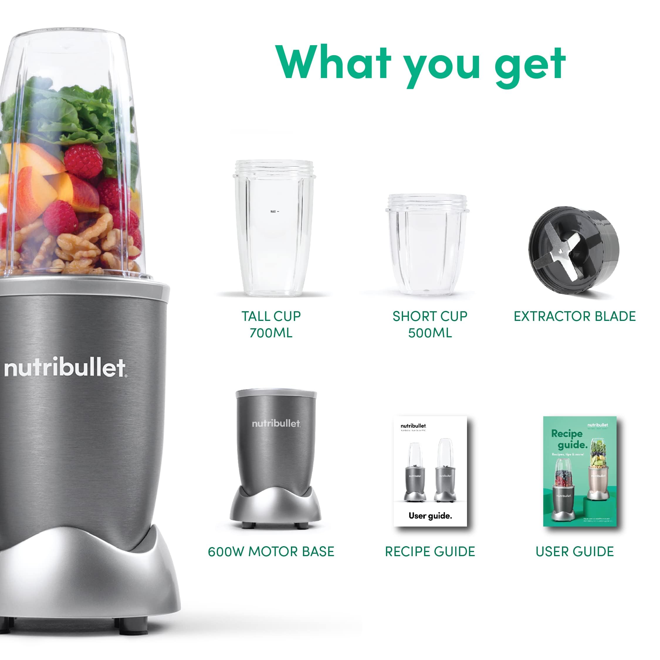 Nutri Bullet Grey Countertop Blender 600 Watt 1 year manufacturer warranty خلاط رمادي من نيوتري بوليت بقدرة 600 واط