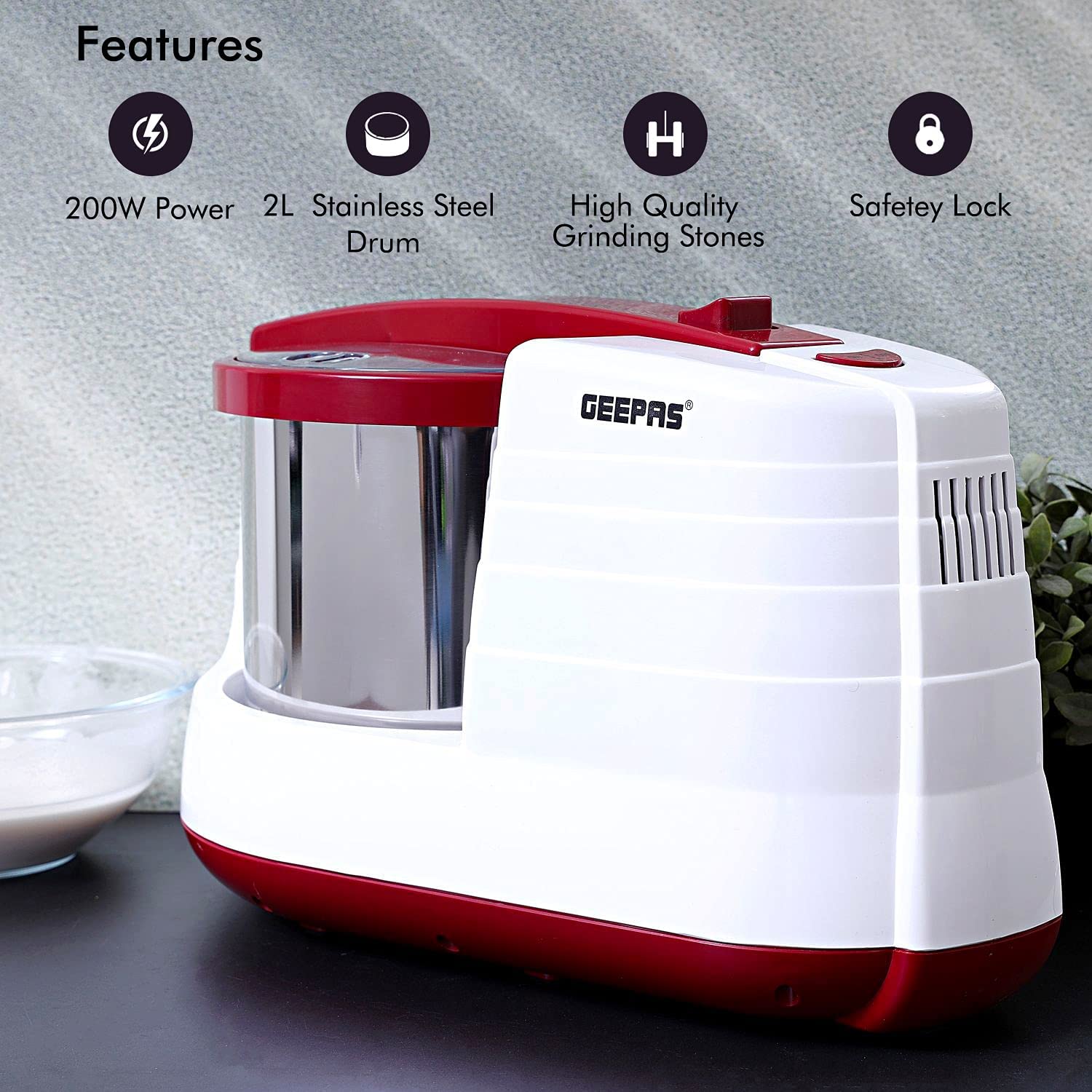 Geepas Wet Grinder 200W - 2L Stainless Steel Drum  مطحنة للمواد الرطبة من جيباس