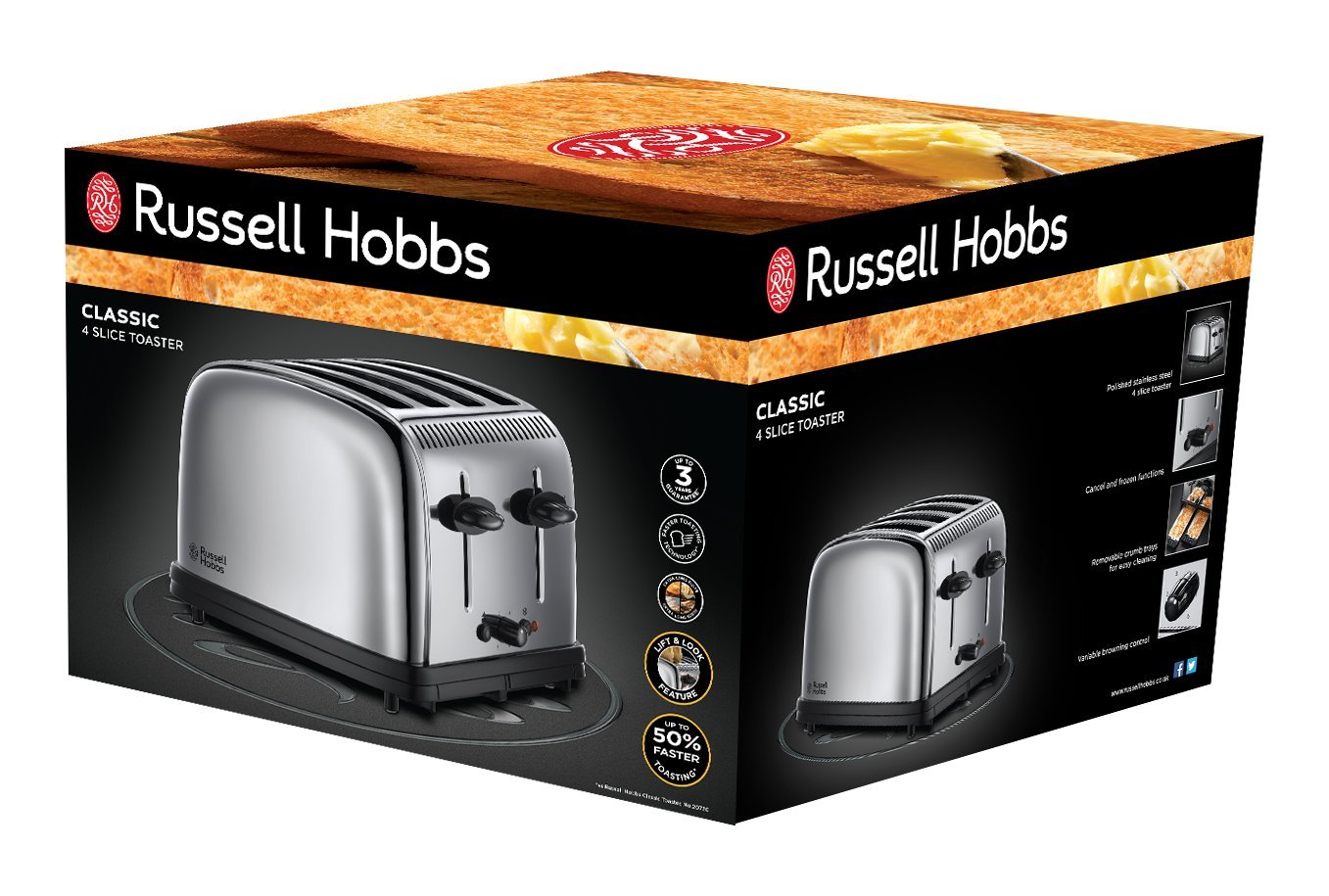 Russell Hobbs Classic Stainless Steel 4 Slice Bread Toaster with High Lift & Wide Slots, Adjustable Browning Control راسيل هوبز حماصة 4 ستانلس ستيل