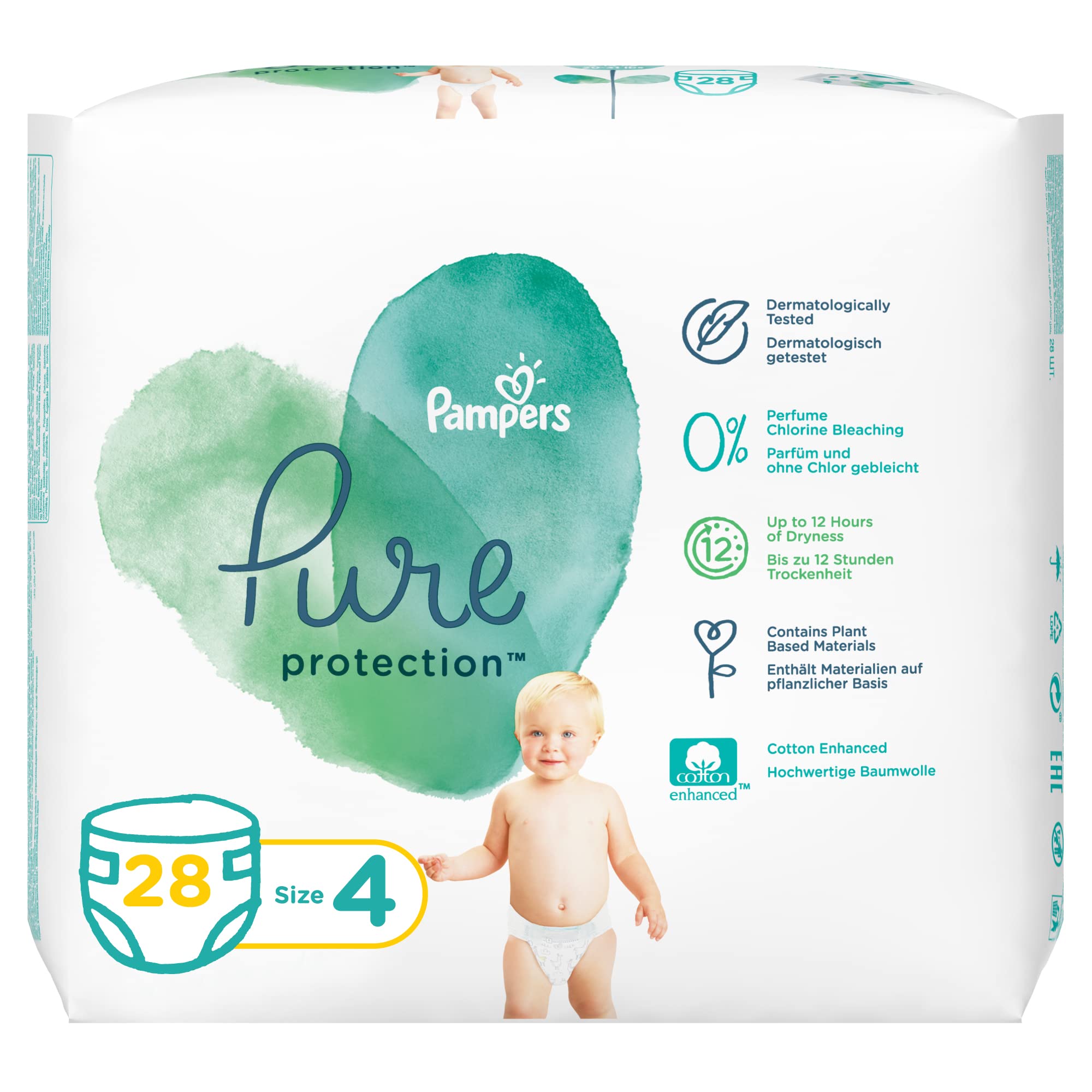 Pampers Pure Protection Diapers Size 4 9-14kg 28pcs حفاضات بيور بروتيكشن من بامبرز، مقاس 4، من 9 الى 14 كجم- عبوة من 28 قطعة