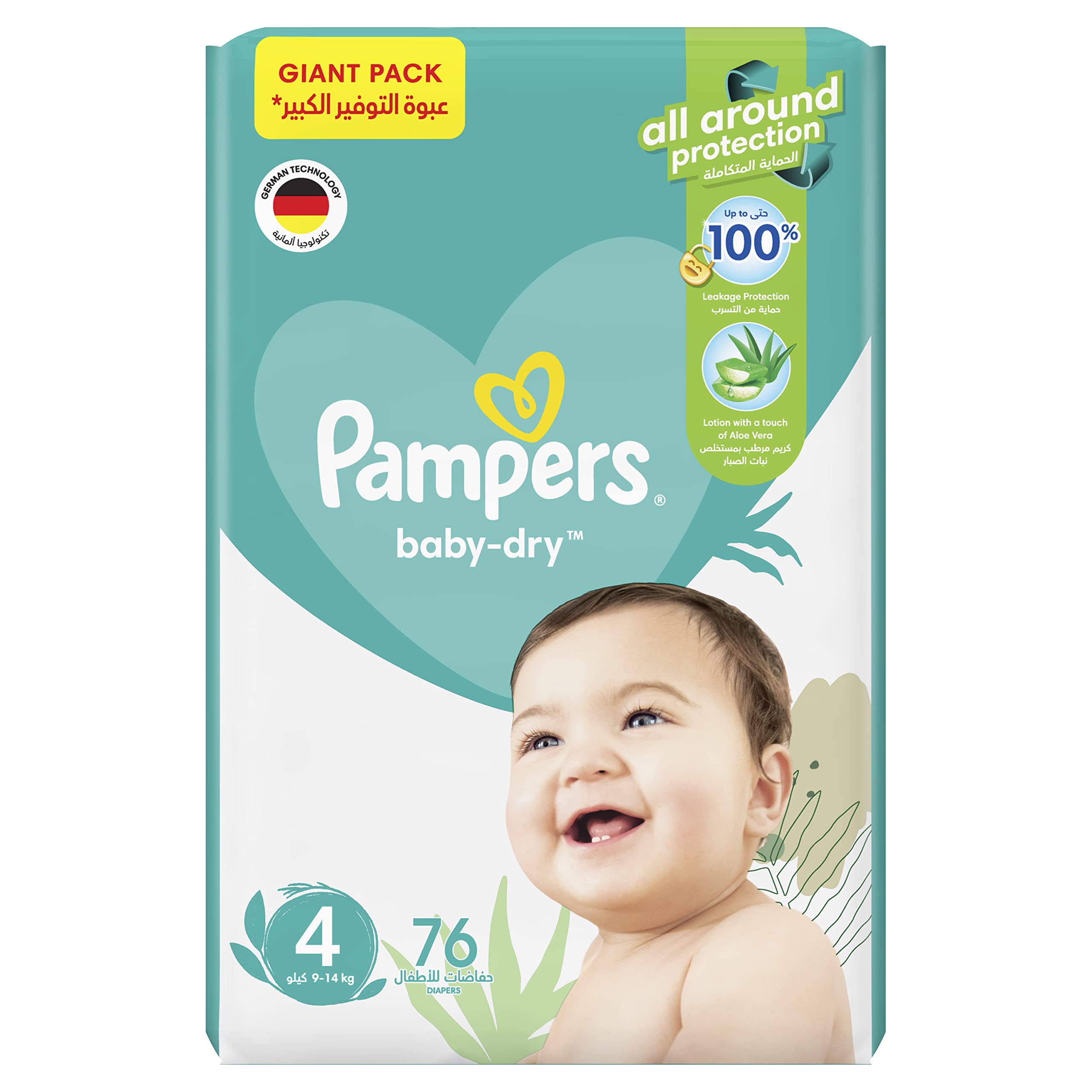 Pampers Baby-Dry Diapers with Aloe Vera Lotion and Leakage Protection, Size 4, 9-14 kg, 76 Diapers حفاضات بامبرز  مقاس 4، كبير، 9-14 كلغ، عبوة التوفير الكبير، 76 حفاضاً