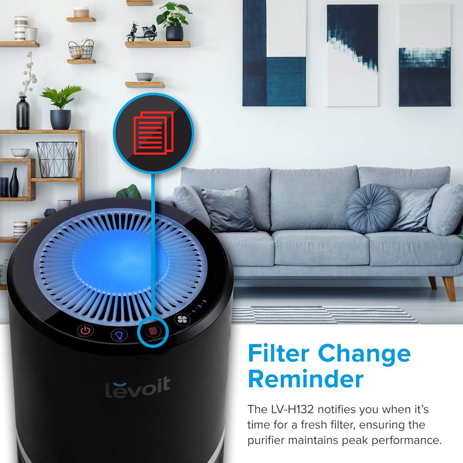 Levoit Air Purifier For Home With True Hepa Filter, Filter Change Reminder, Led Display Off Function, Portable Purifiers For Dust, Smokers, Pollen, Pet Dander, Hay Fever, Cooking Smell, Lv-H132 Black