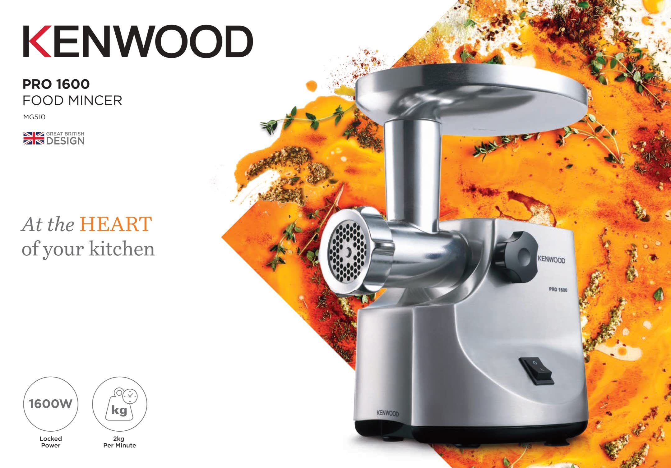 KENWOOD Meat Grinder 1600W Powerful Metal Body Meat Mincer with Kibbeh Maker, Sausage Maker, Feed Tube Pusher, 3 Stainless Steel Screens for Fine, Medium & Coarse Results MG510 Silver