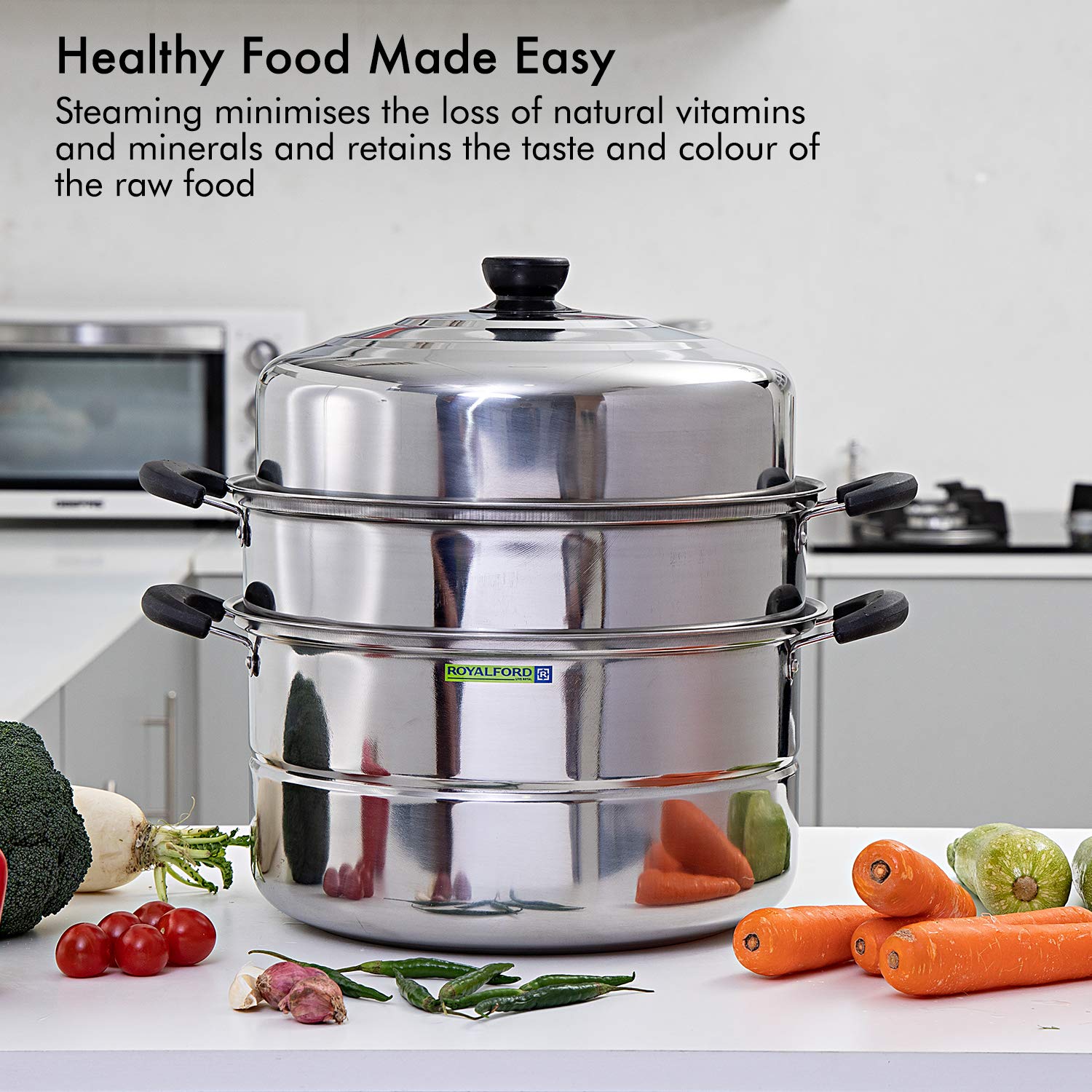 Royalford Induction-Safe Stainless Steel Large 3-Tier Food Steamer Pot with Lid| Double Layer Multi Food Cook Stock Pot - Cool Touch Handles - Stylish Design, Easy Food Release & Clean-Up - 9L