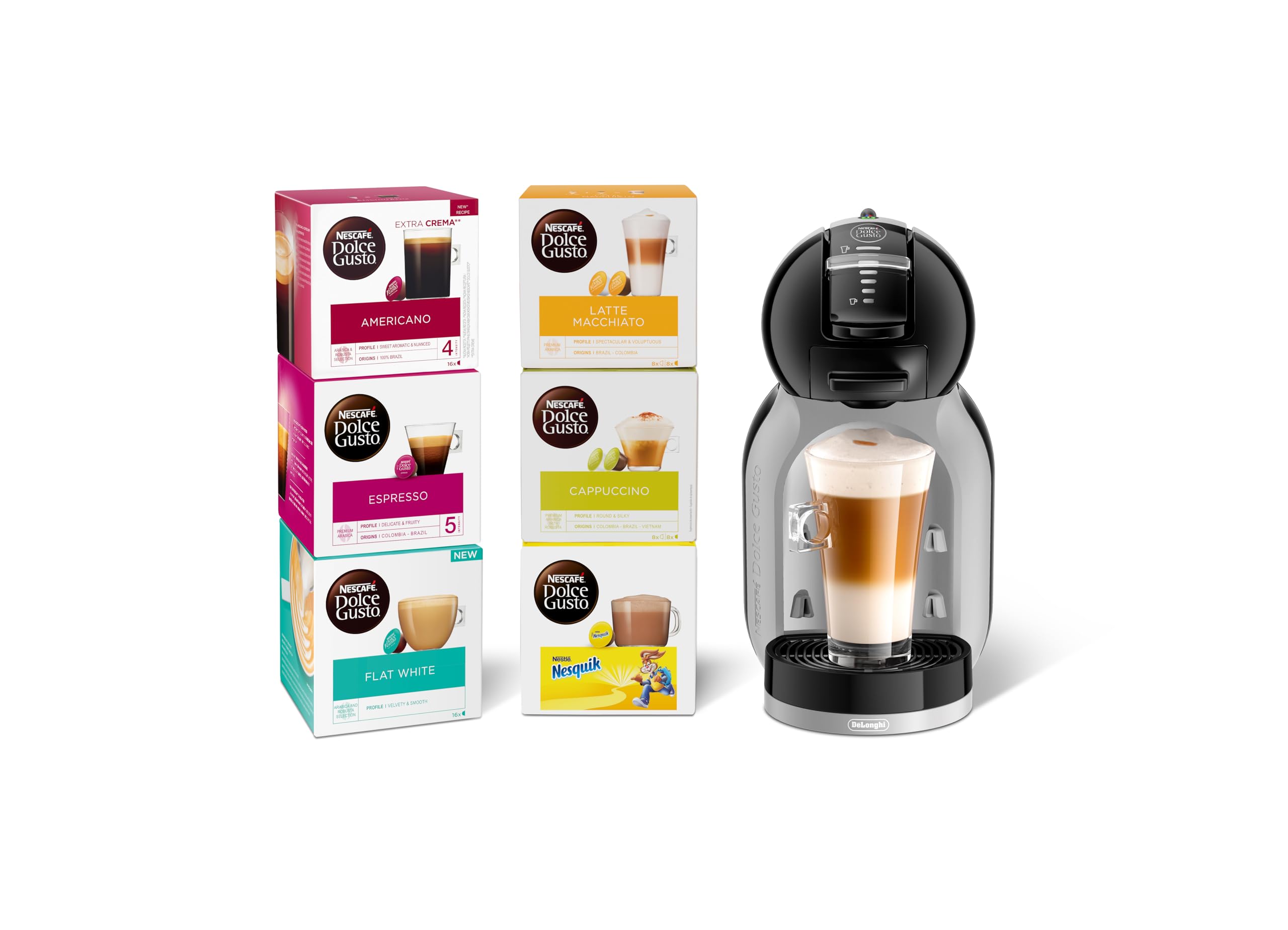 De'Longhi Nescafé Dolce Gusto Mini Me, Single Serve Capsule Coffee Machine Starter Kit, Including 6 boxes of Coffee Pods, EDG155.BG, Black & Grey