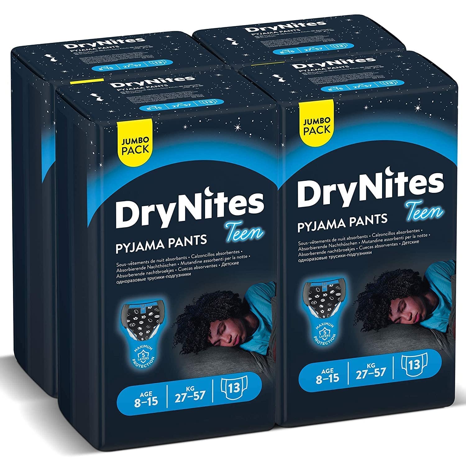 Drynites Pyjama Pants,Blue, Age 8-15 Y, Boy, 27-57 Kg, 4 X 13 Bed Wetting Pants سروال بيجامة للاولاد، للفئة العمرية 8 - 15 سنوات، بوزن 27 - 57 كجم، 4 × 13 سروال لبلل السرير، من دراي نايتس