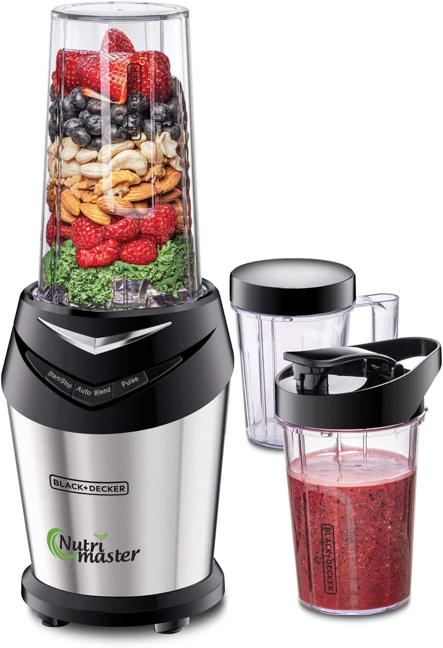 BLACK+DECKER 600W 700ml NutriMaster Blender/Smoothie Maker With 500ml and 300ml Travel Bottles Damage Box  خلاط وصانع السموثي نيتري ماستر من بلاك اند ديكر بقوة 600 واط، يتكون من 3 برطمانات مع اغطية، فضي/اسود مفتوح الكارتون