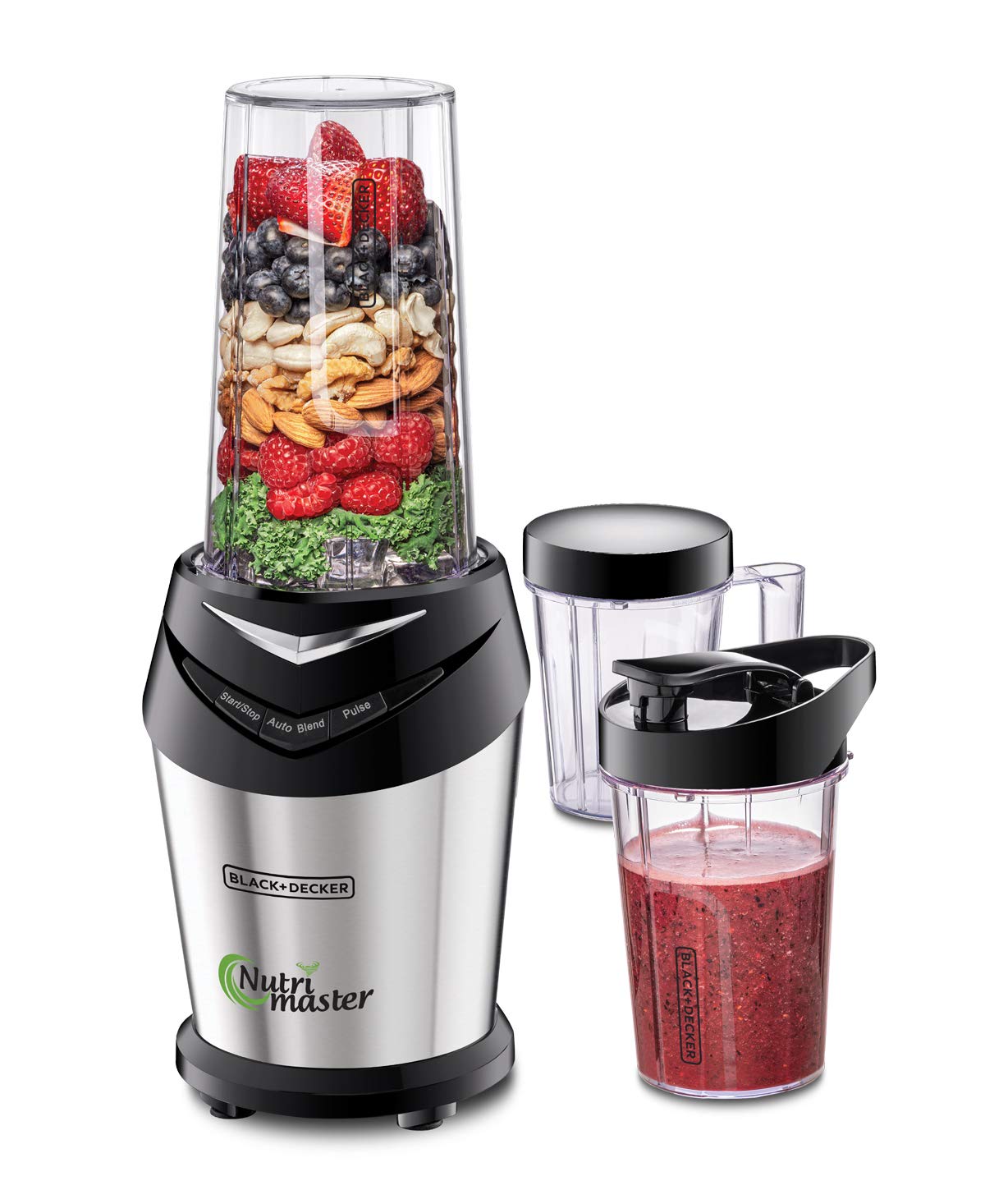 BLACK+DECKER 600W 700ml NutriMaster Blender/Smoothie Maker With 500ml and 300ml Travel Bottles Damage Box  خلاط وصانع السموثي نيتري ماستر من بلاك اند ديكر بقوة 600 واط، يتكون من 3 برطمانات مع اغطية، فضي/اسود مفتوح الكارتون