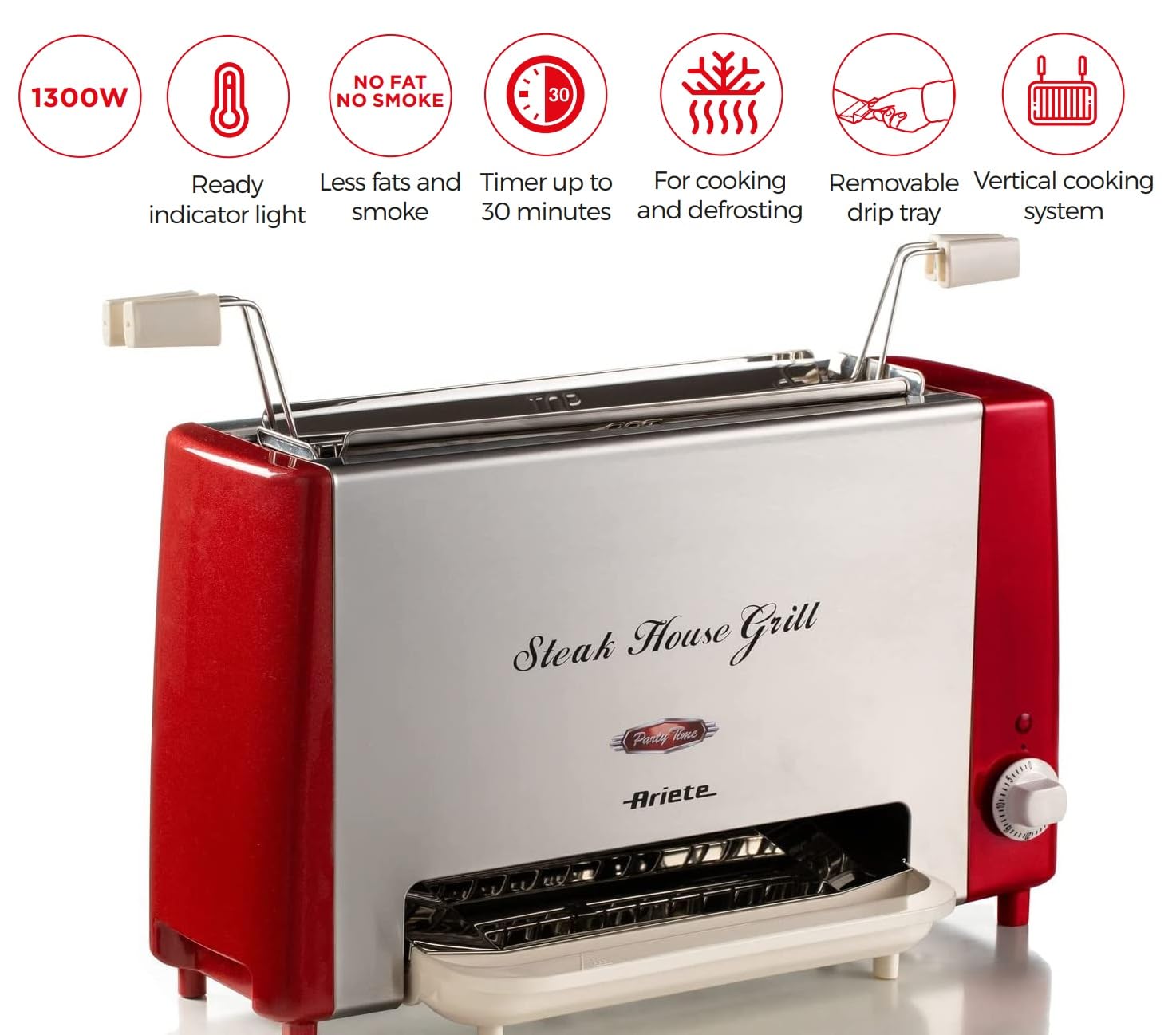 Ariete Vertical Electric Grill for Steak and BBQ Up To 4cm Thick, 1300W, 30 Min Timer, Less Fat, No smoke, For Indoor Cooking and Defrosting Meat, Vegetables, Fish and Bread - Red ART730