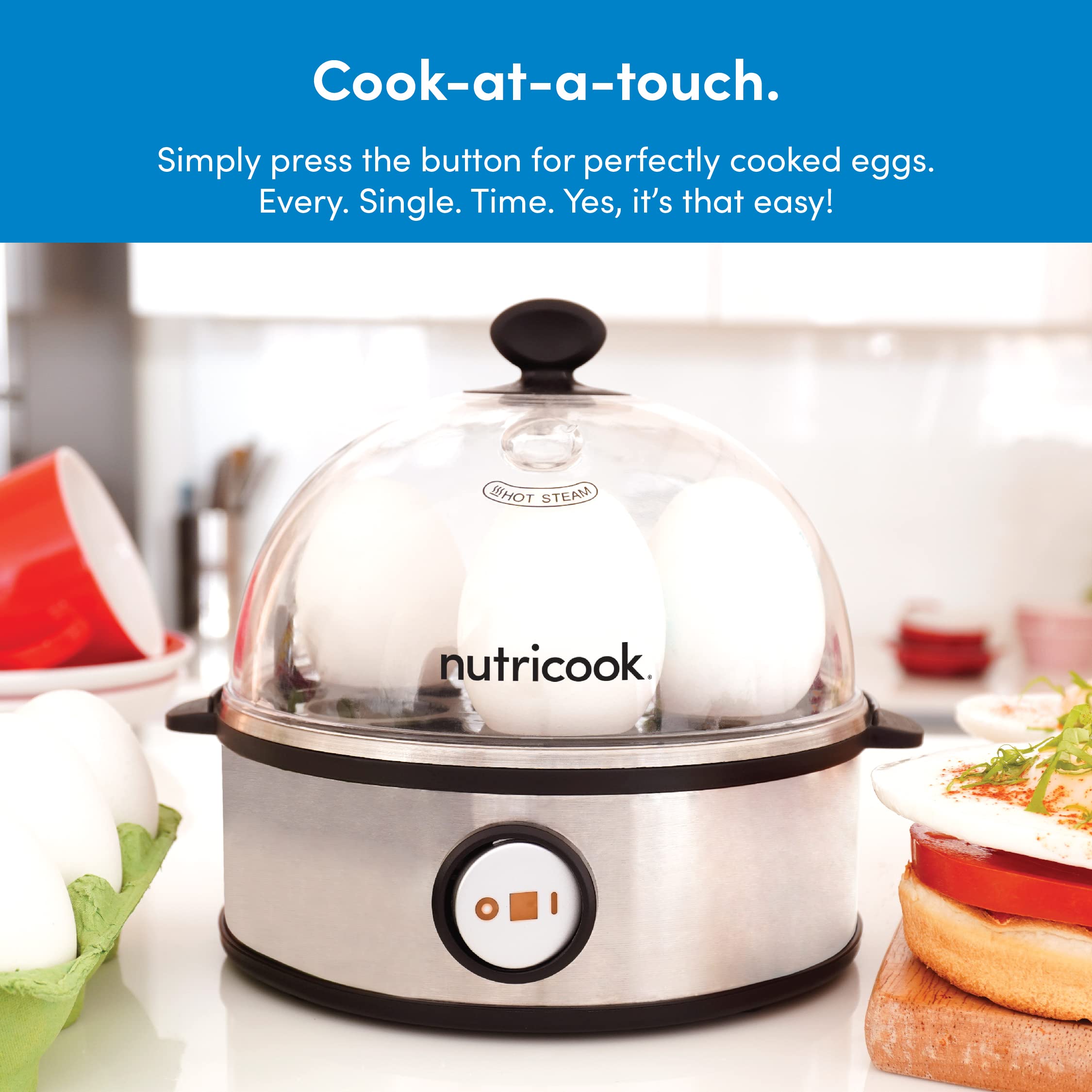 NutriCook Rapid Egg Cooker: 7 Egg Capacity Electric Egg Cooker for Boiled Eggs, Poached Eggs, Scrambled Eggs, or Omelettes with Auto Shut Off Feature - Silver