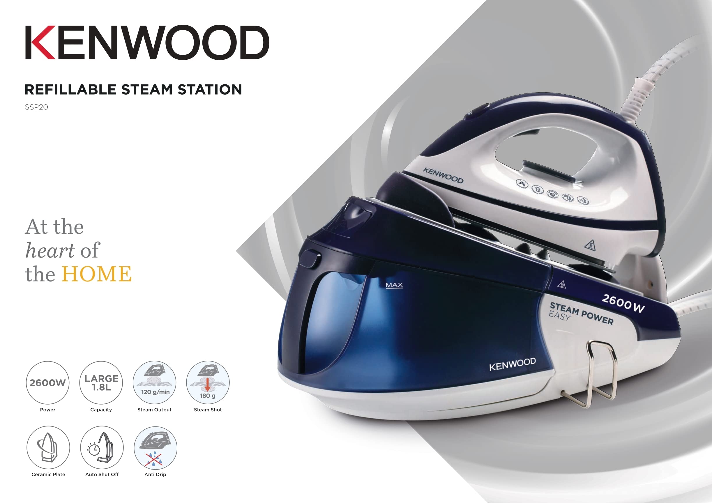 KENWOOD Steam Iron Steam Station 2600W with 1.8L Water Tank Capacity, Ceramic Soleplate, 180g Steam Shot, Anti Drip, Auto Shut Off, Self Clean Function SSP20.000WB White/Blue