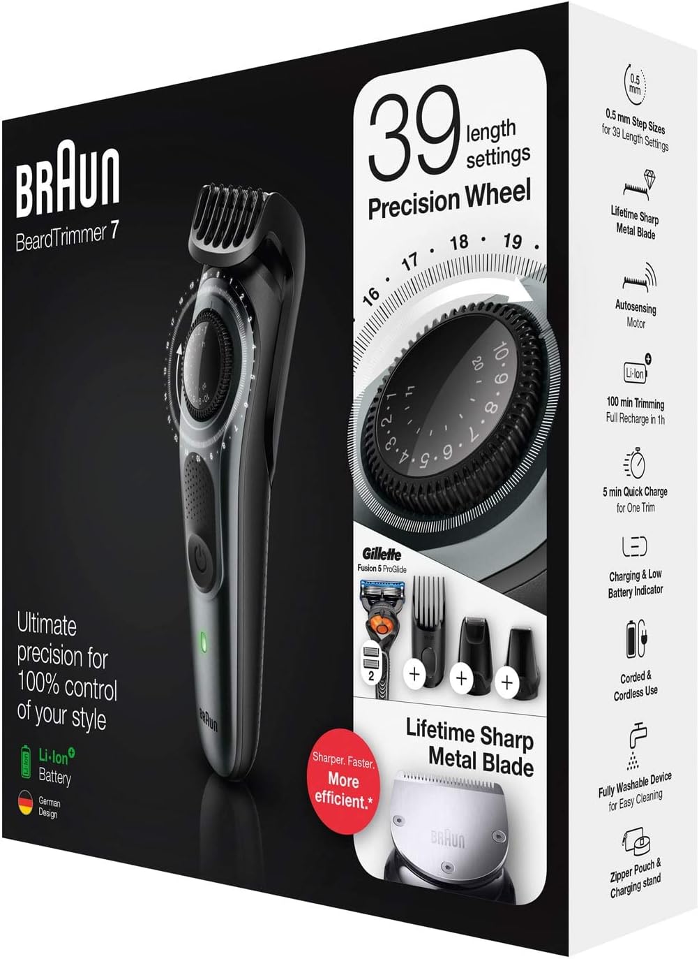 Barun Beard Timmer 7 with 39 Length Settings Precision Wheel Cordless & Rechargeable With Gillette Proglide Razor, Black/Silver Metal, BT7240